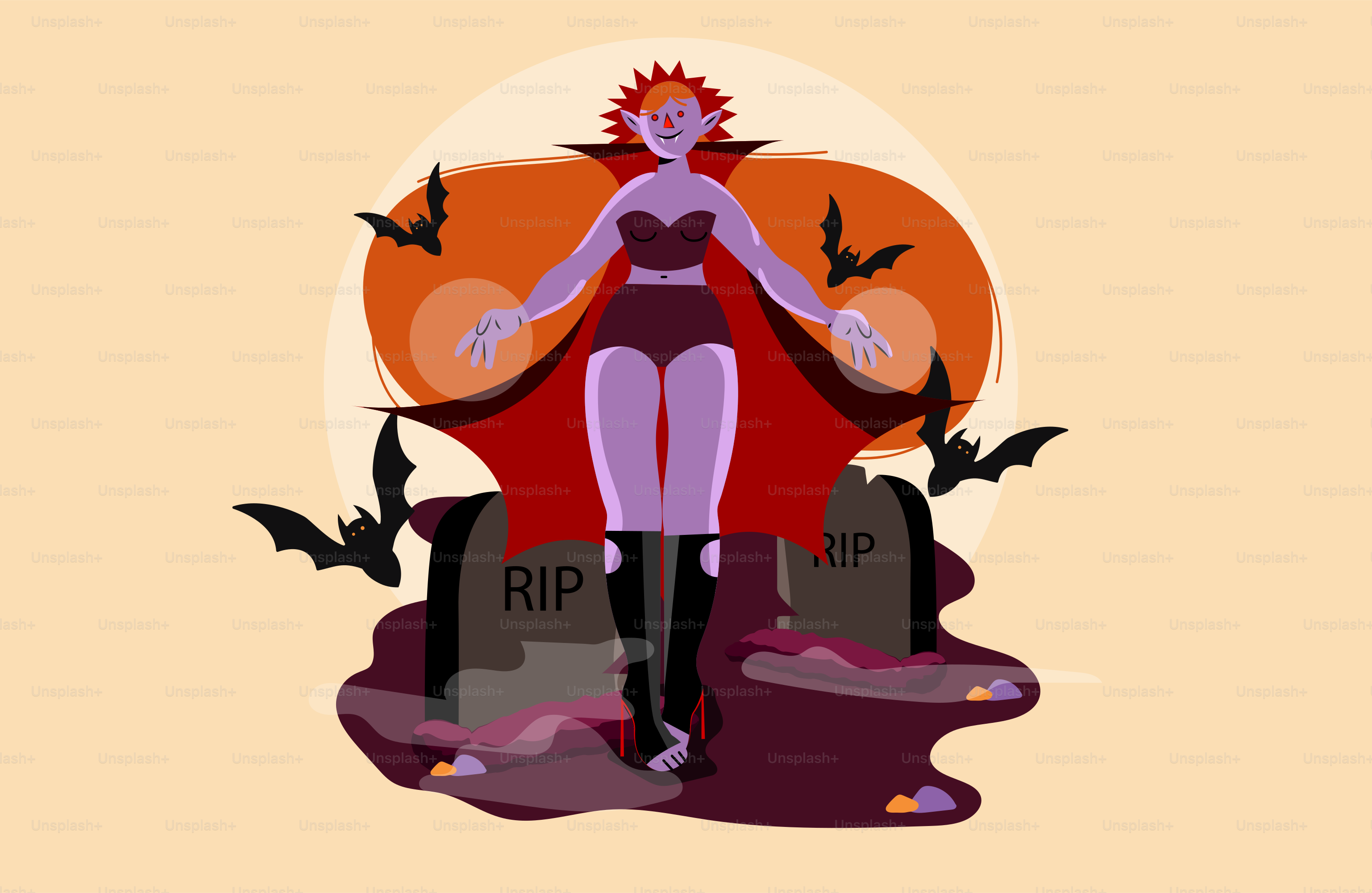 Vampire woman standing in graveyard with bats
