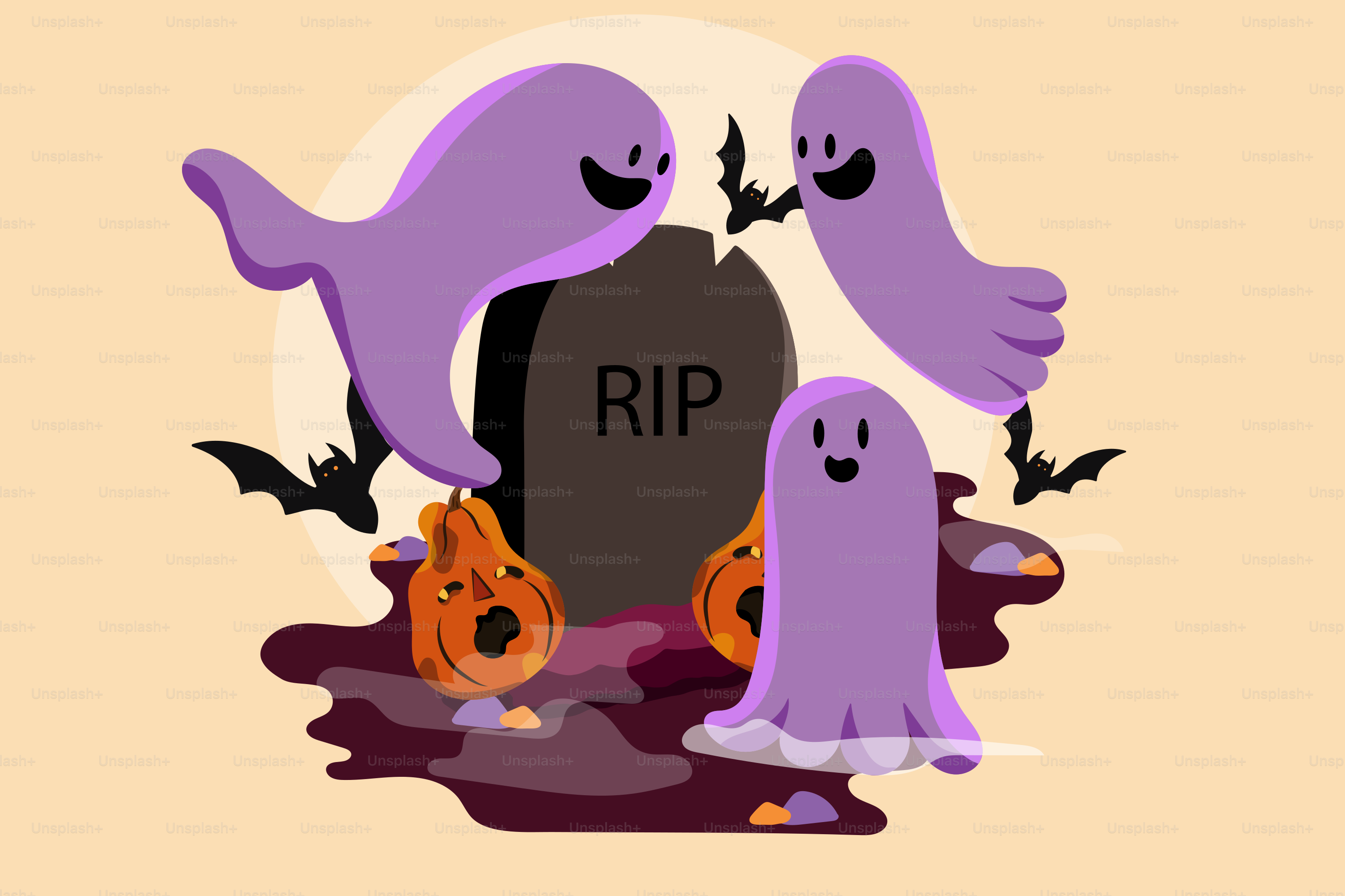 Three purple ghosts and pumpkins near a tombstone.