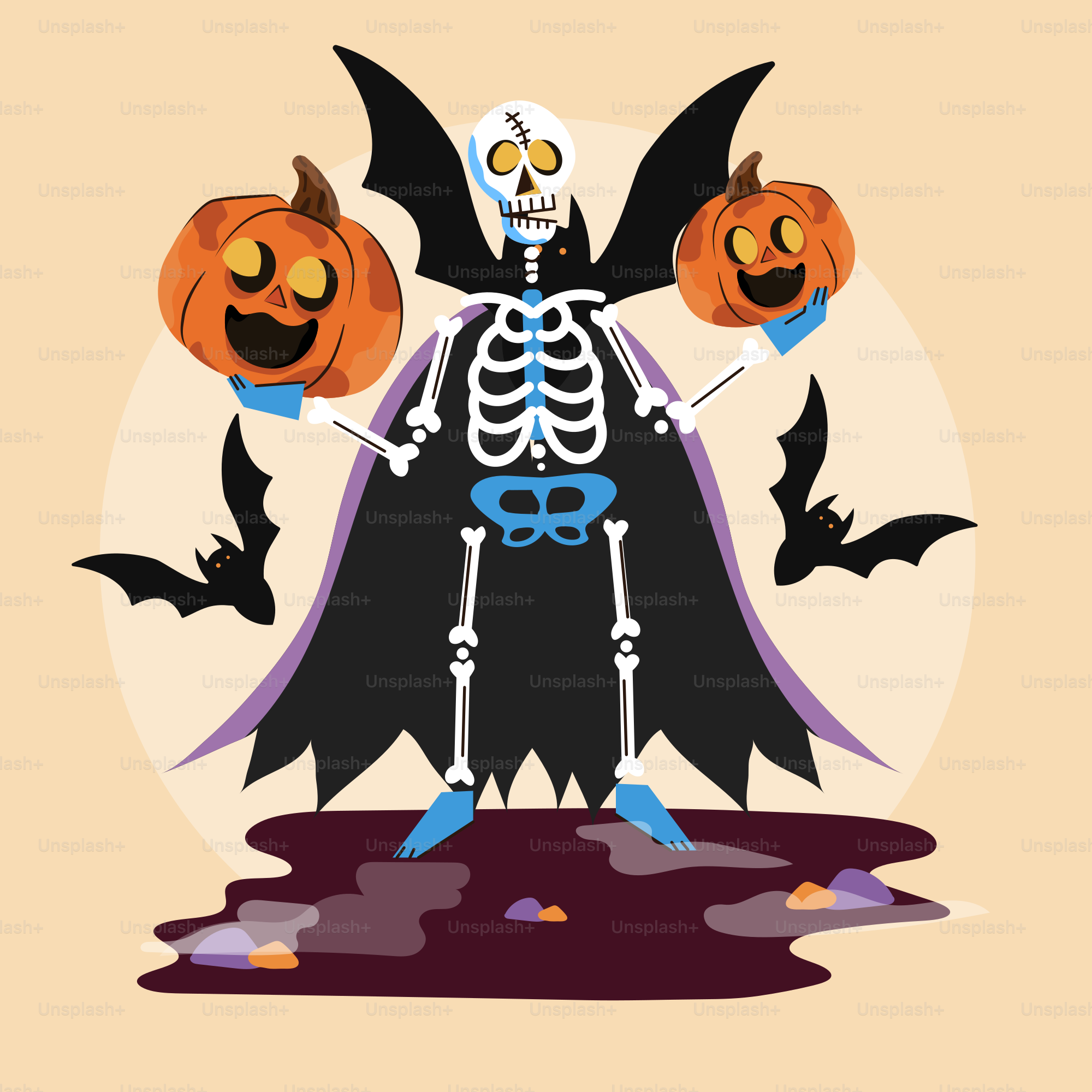 Skeleton in vampire costume holding pumpkins with pumpkins