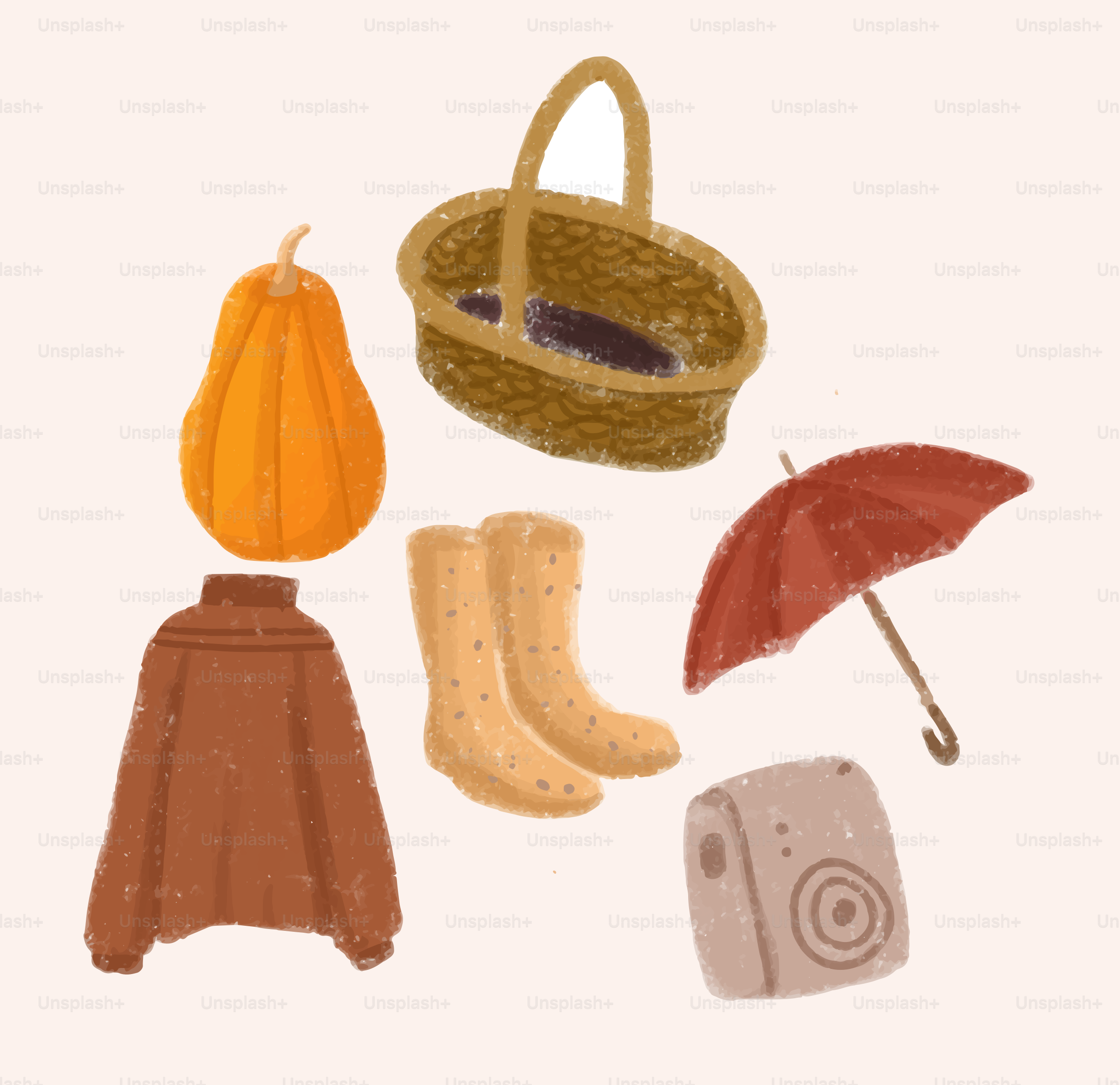 Articoli autunnali tra cui zucca, maglione, stivali e ombrello