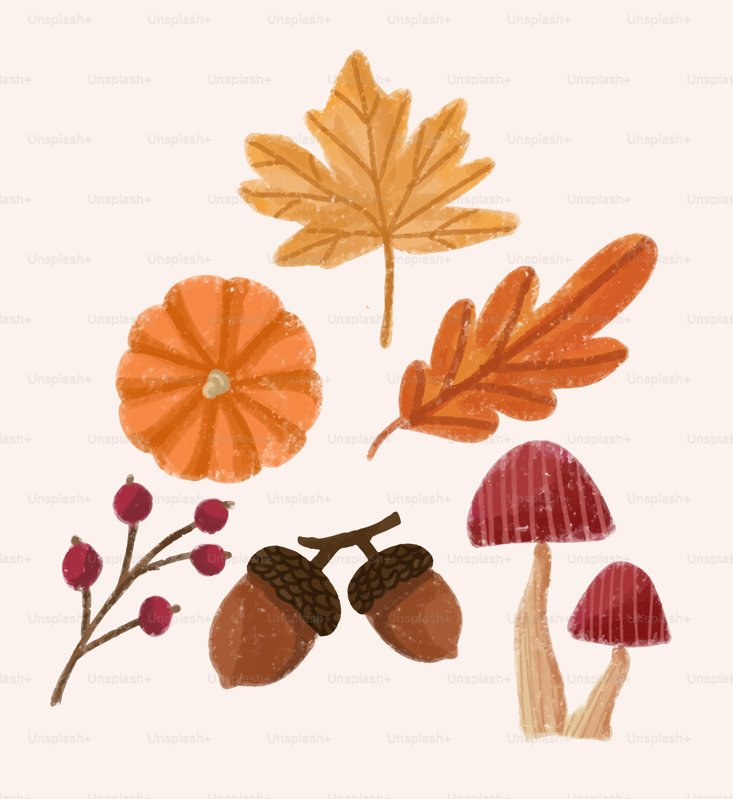 Autumn leaves, pumpkin, acorns, berries, and mushrooms