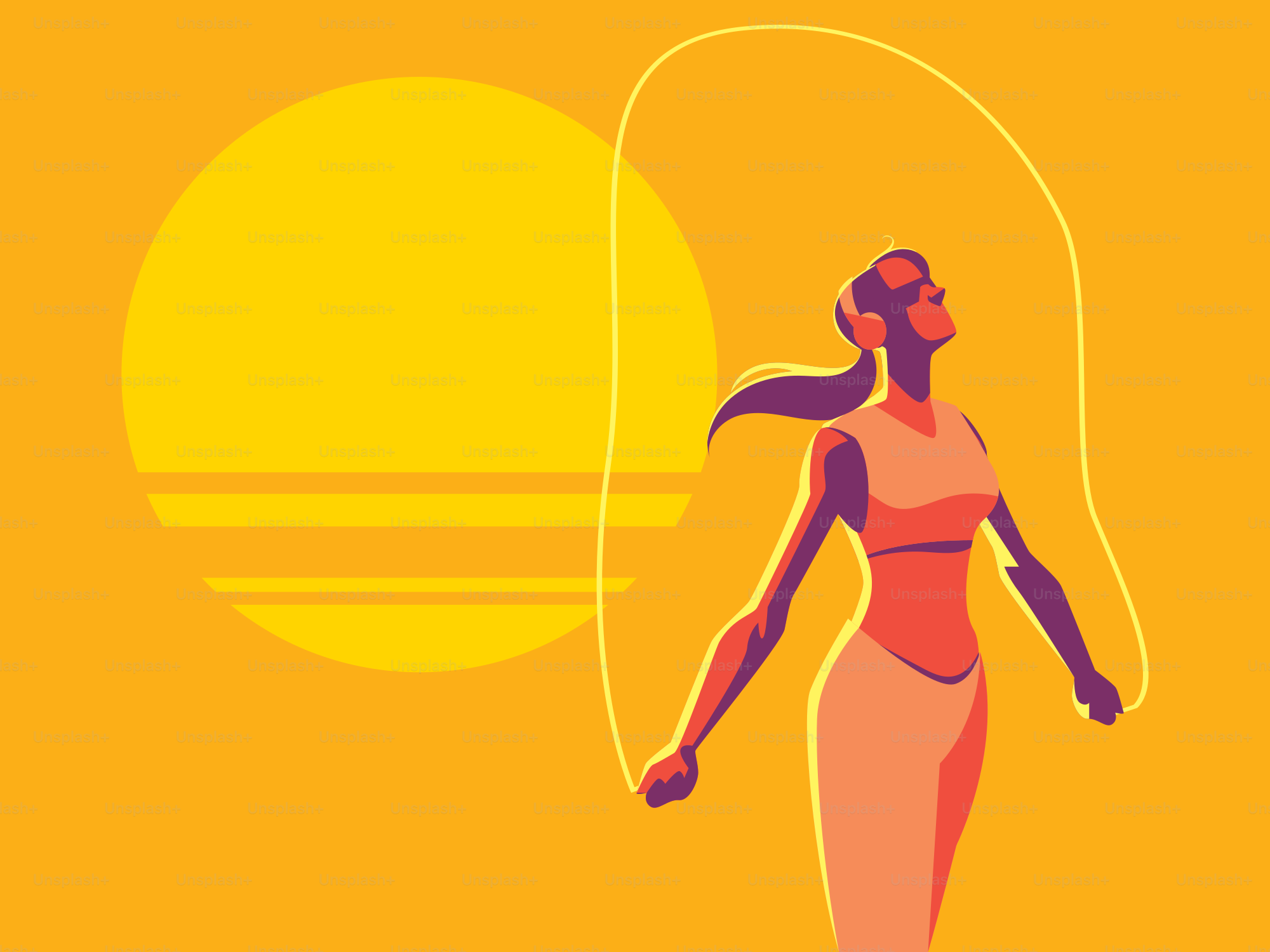 Frau, die gegen eine helle Sonne Seil springt.