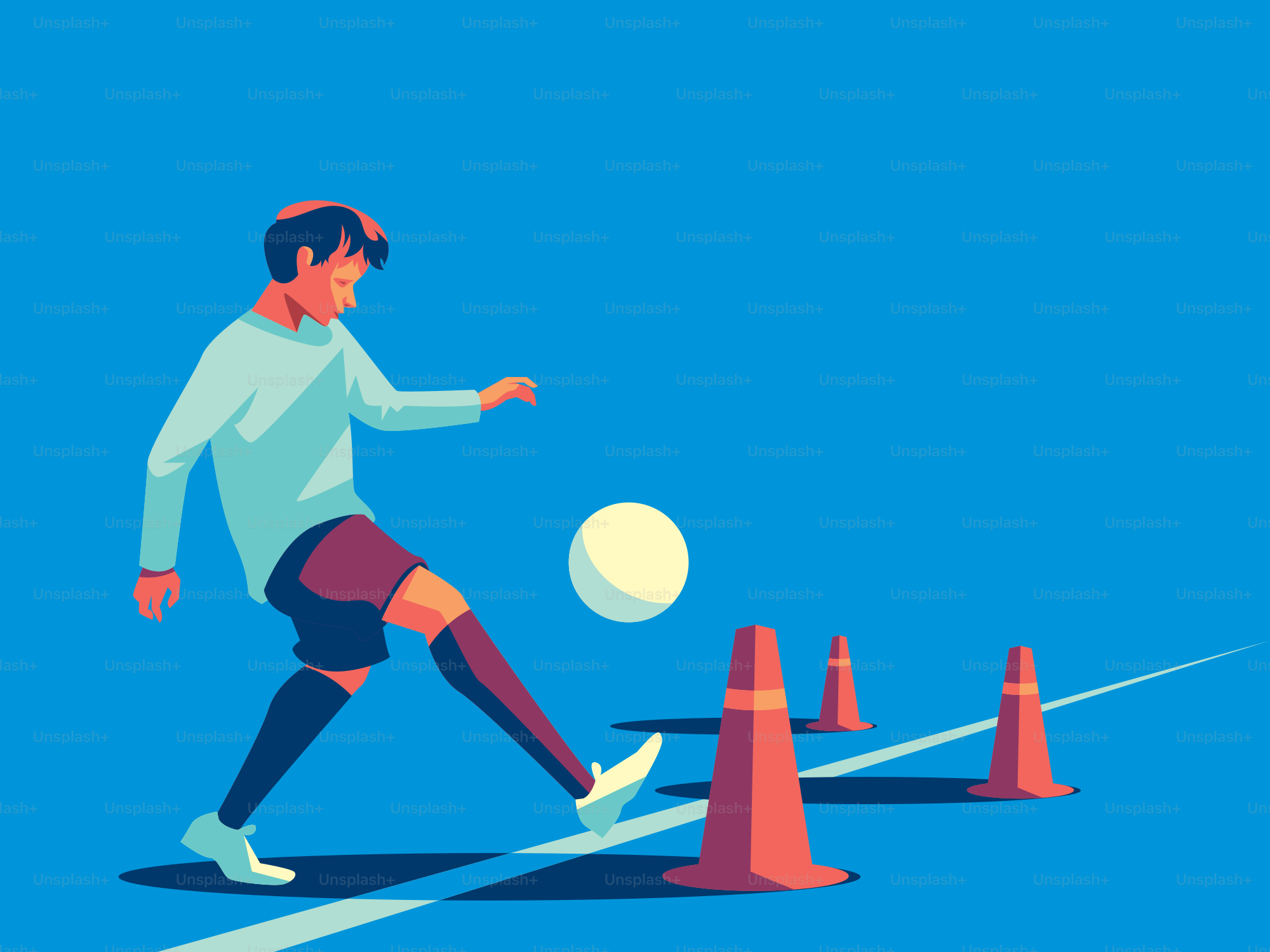 Young soccer player practicing drills with cones.