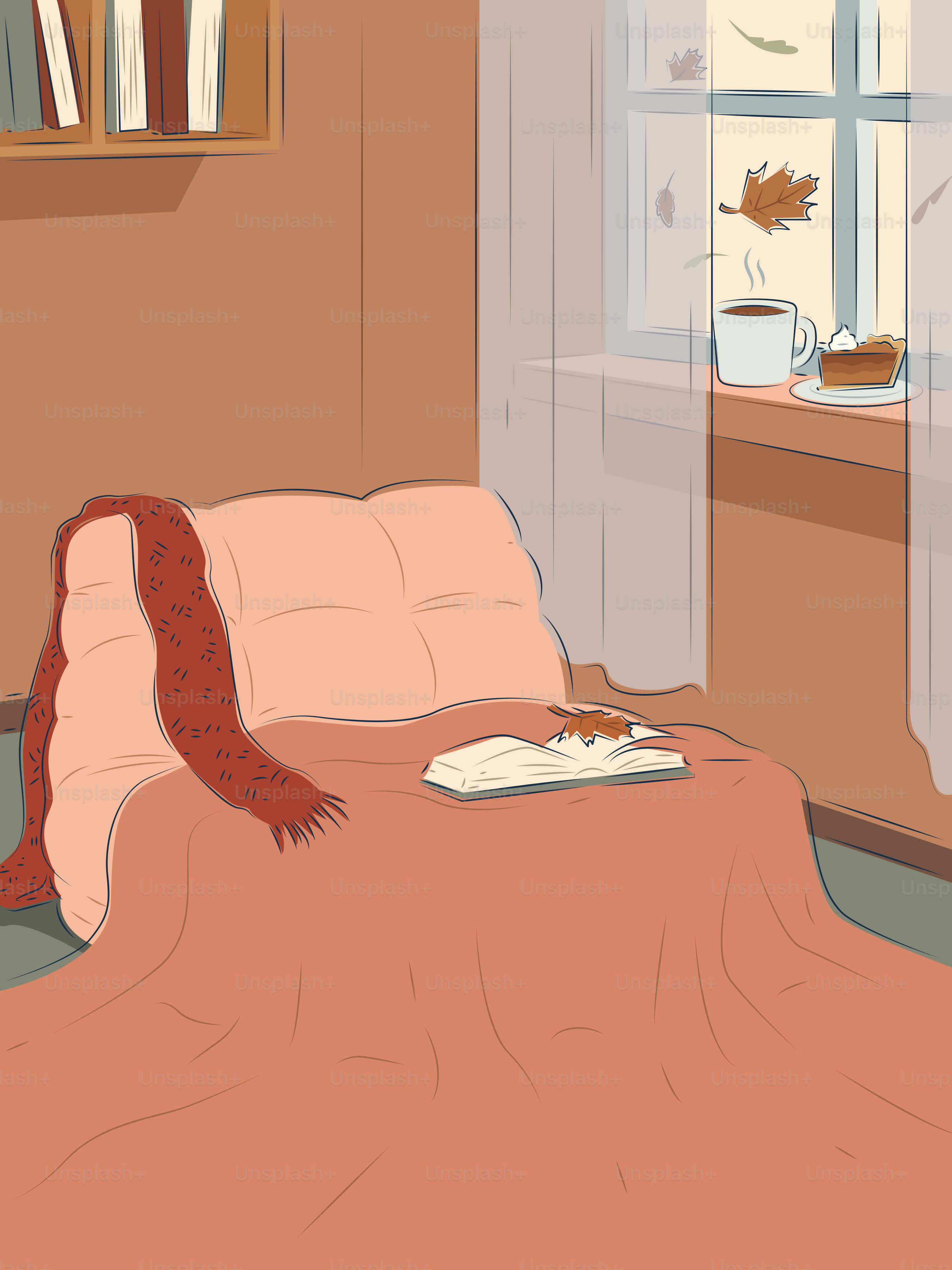 Una poltrona accogliente con coperta, libro e vista sulla finestra autunnale.