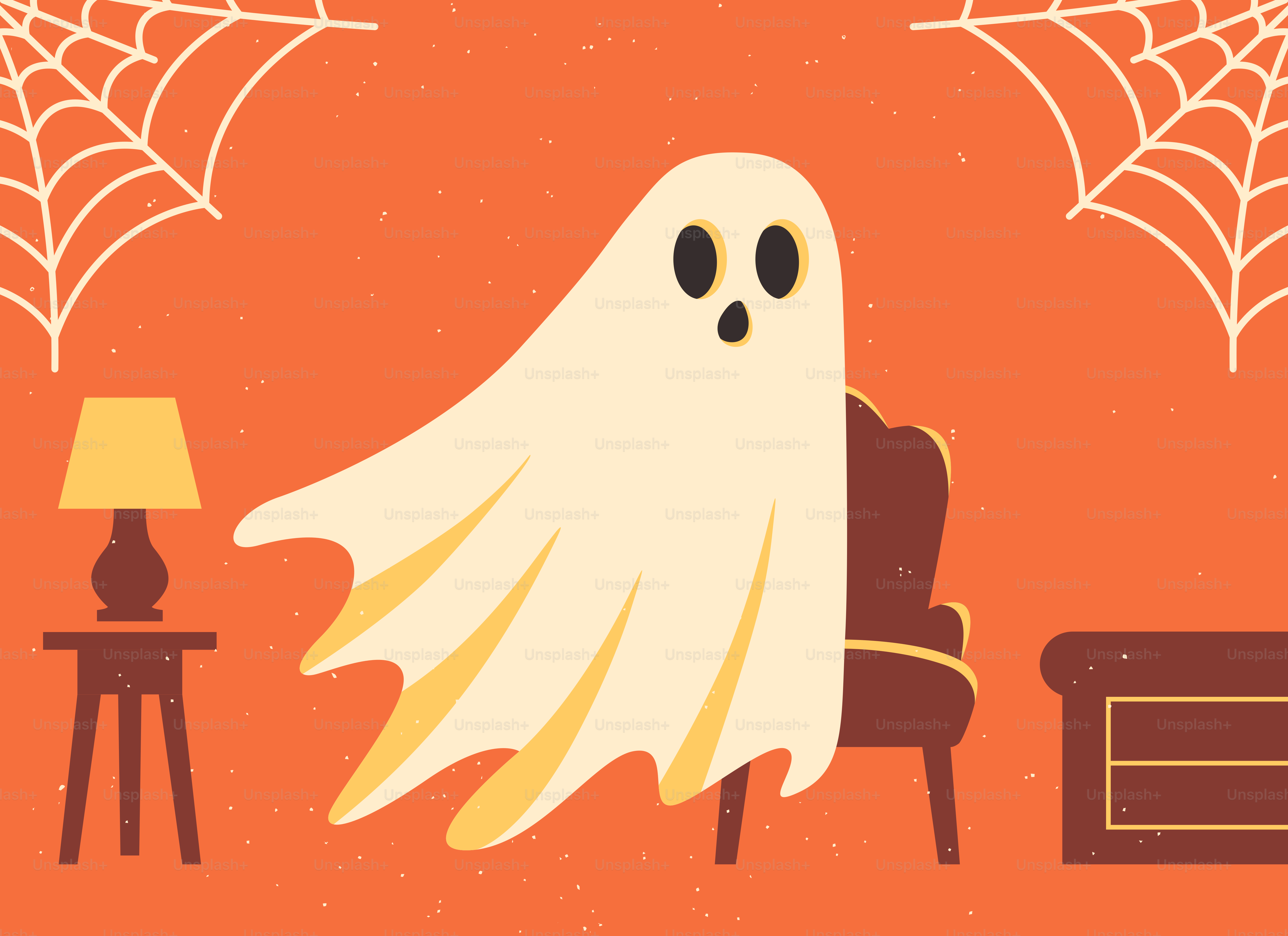 Ein Geist sitzt auf einem Stuhl mit einer Lampe in der Nähe.