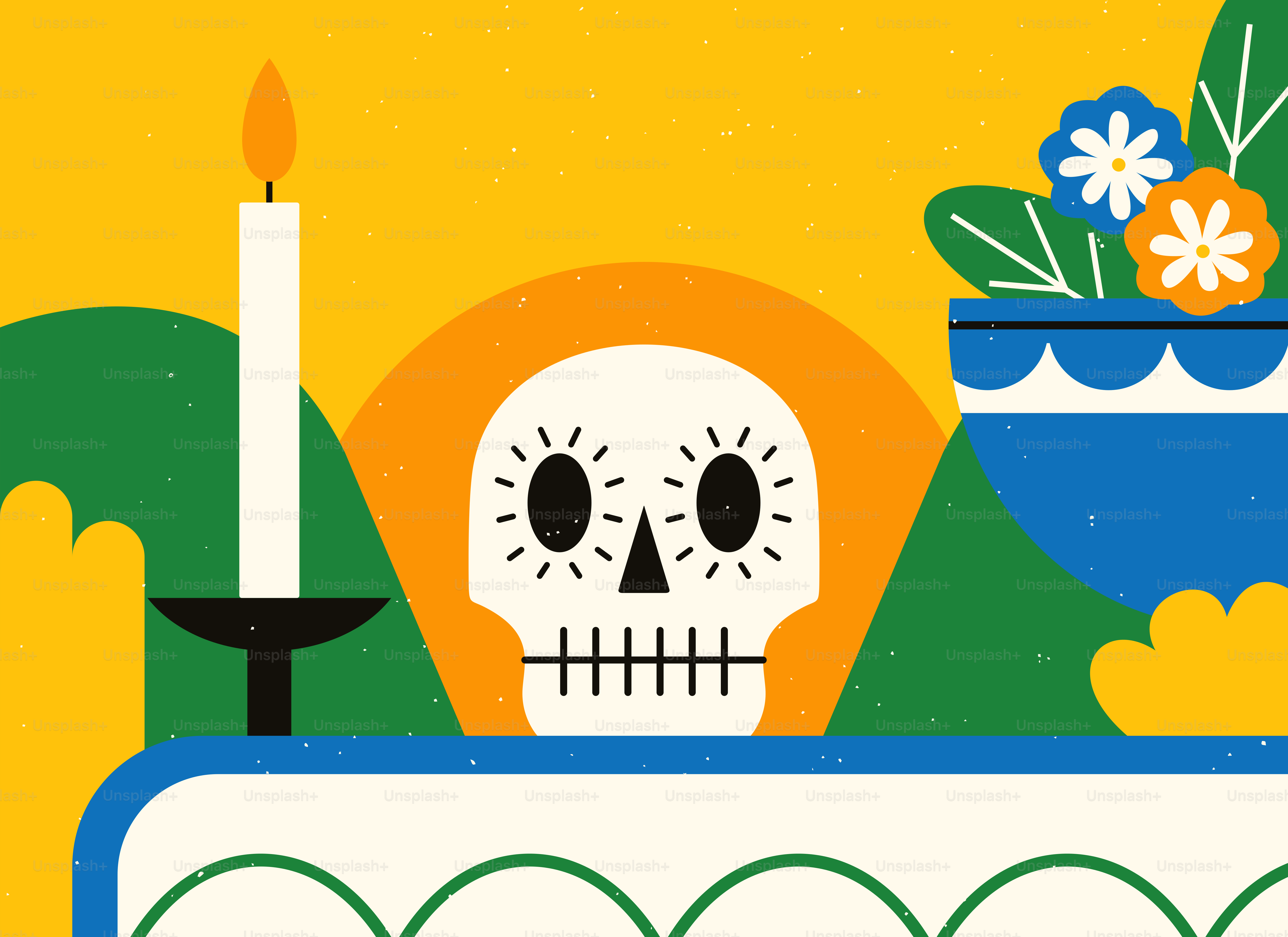 Day of the dead skull with candle and flowers