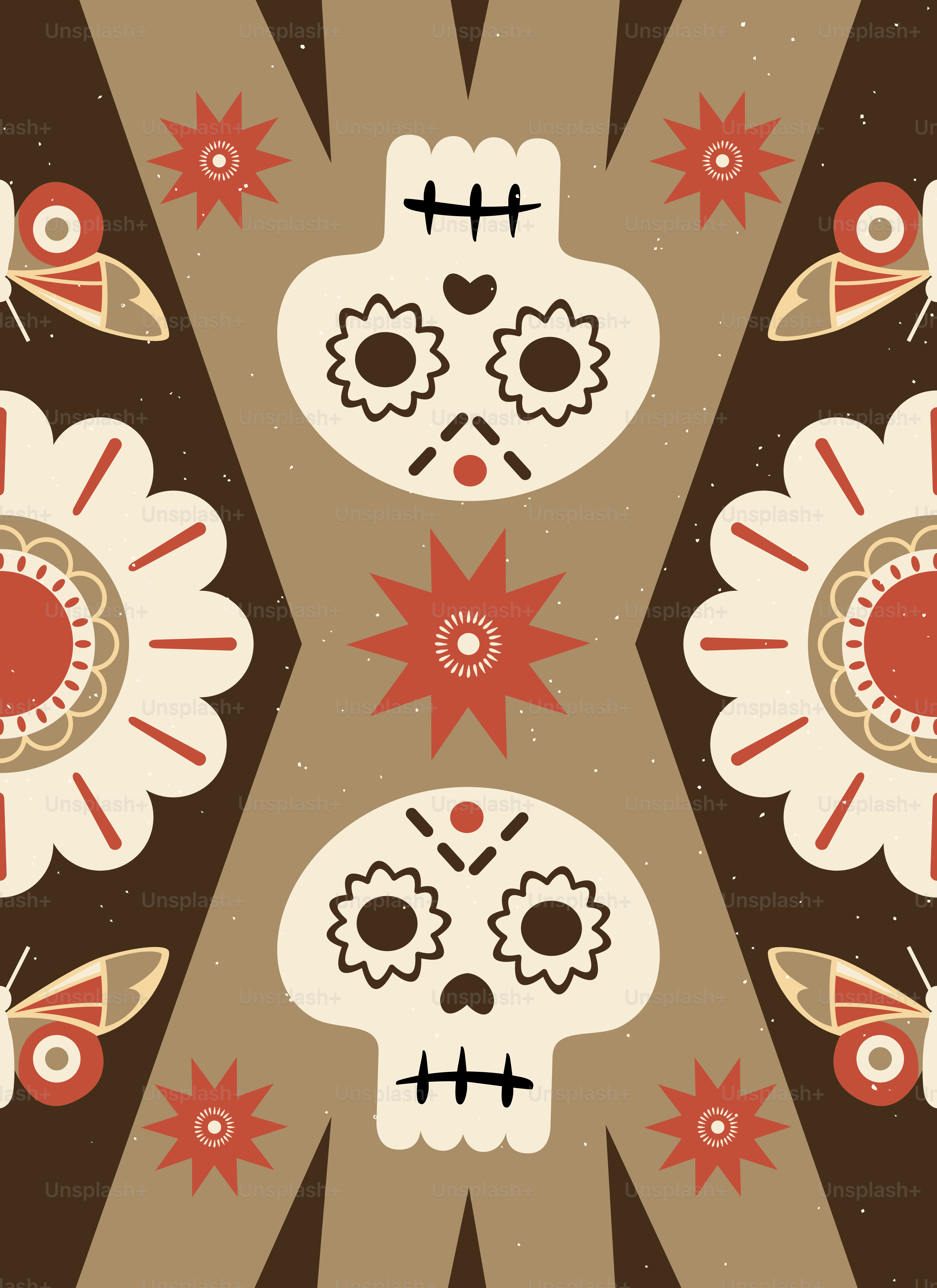 Day of the dead skulls and flowers with butterflies