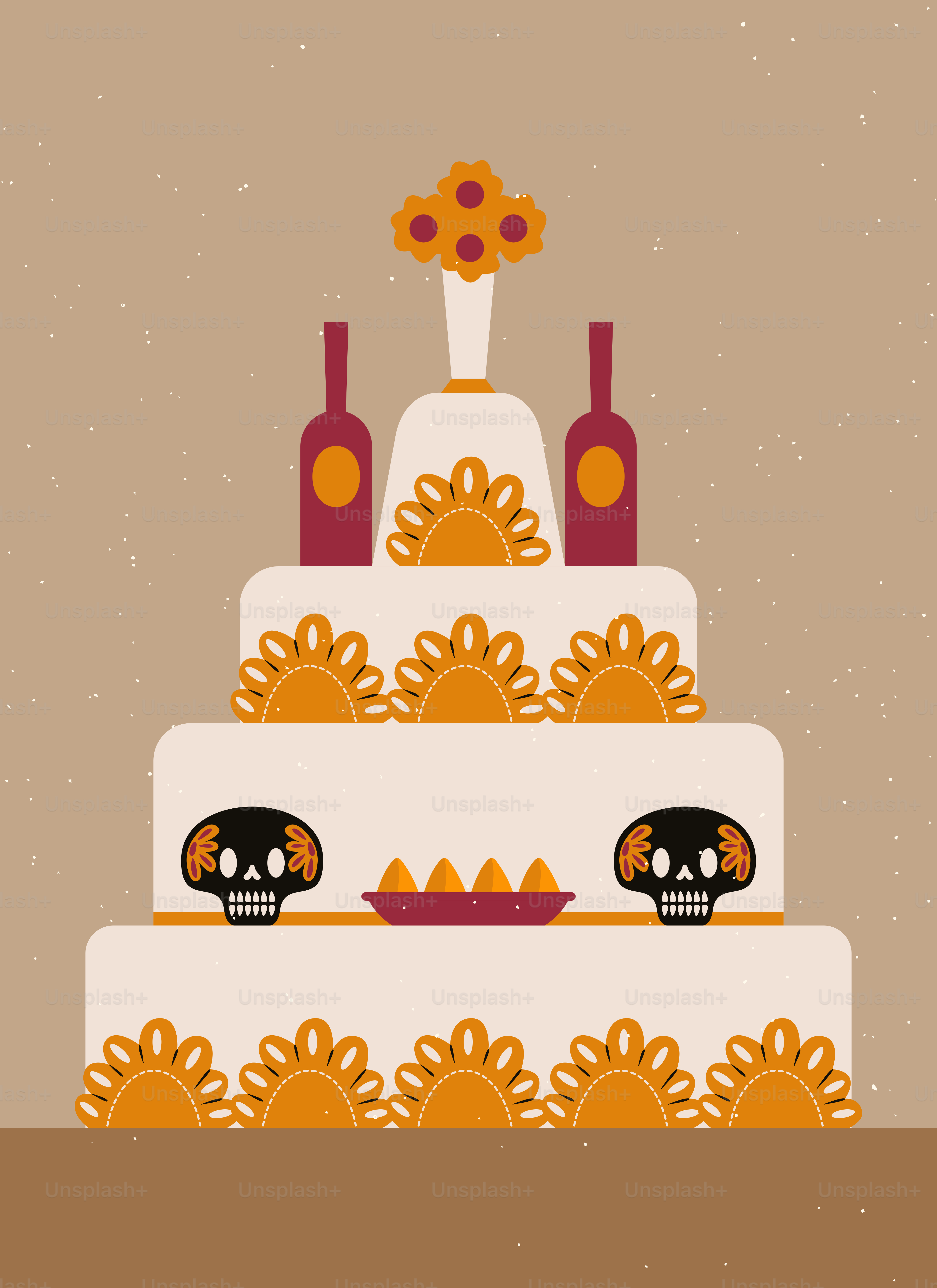 A day of the dead cake with skulls and flowers