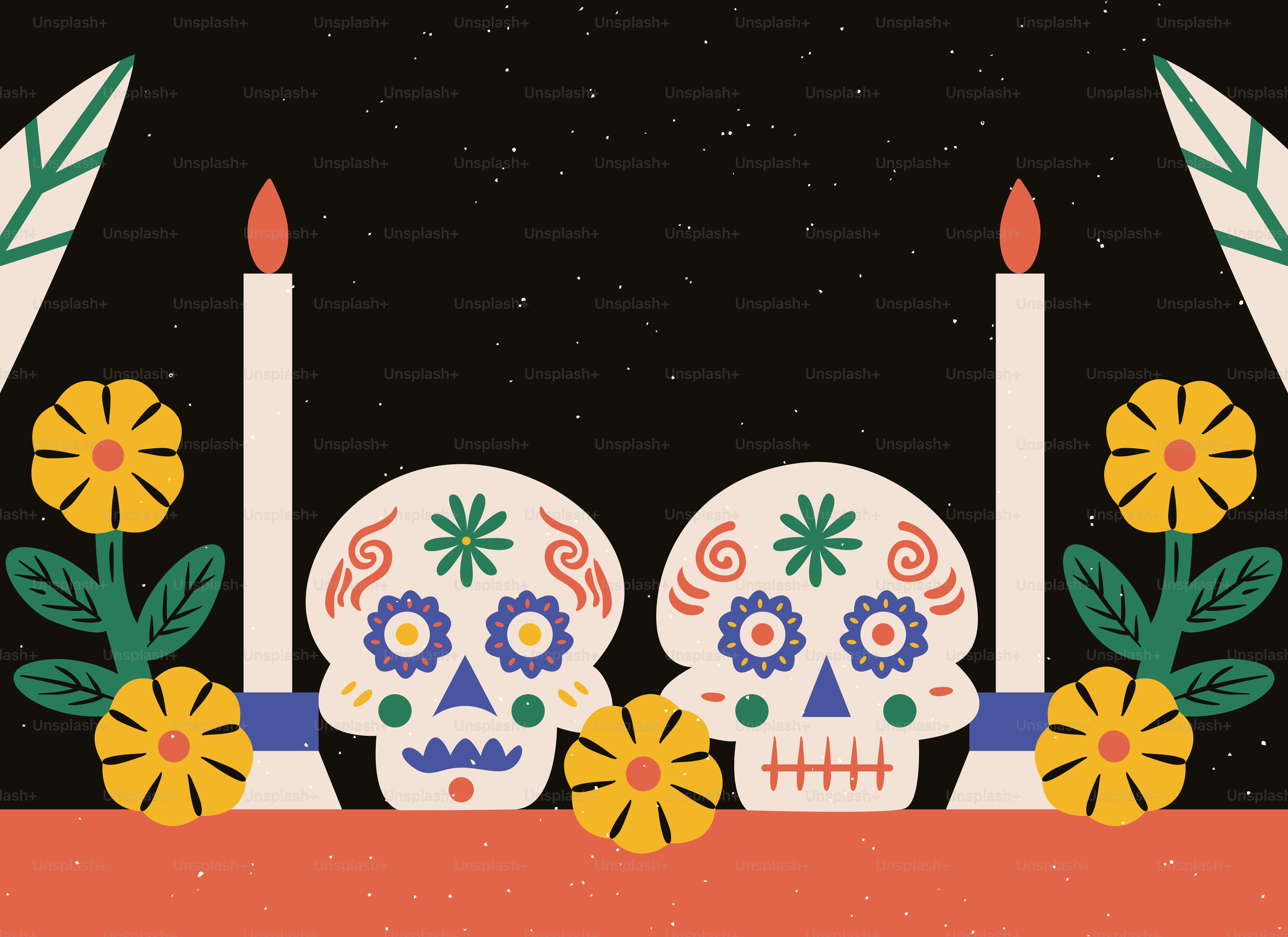 Dia de los muertos skulls with candles and flowers