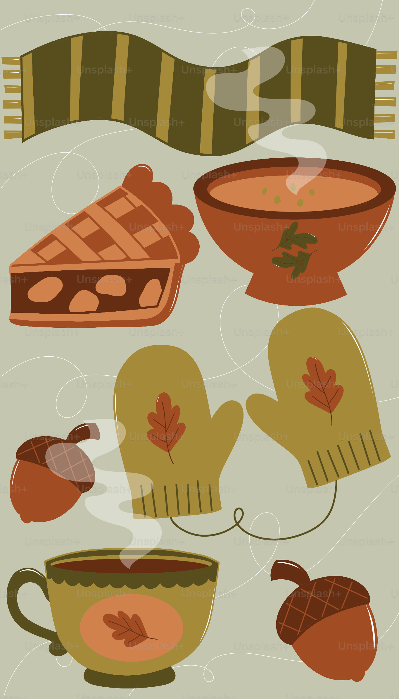 Autumn comfort food and accessories with acorns and leaves.