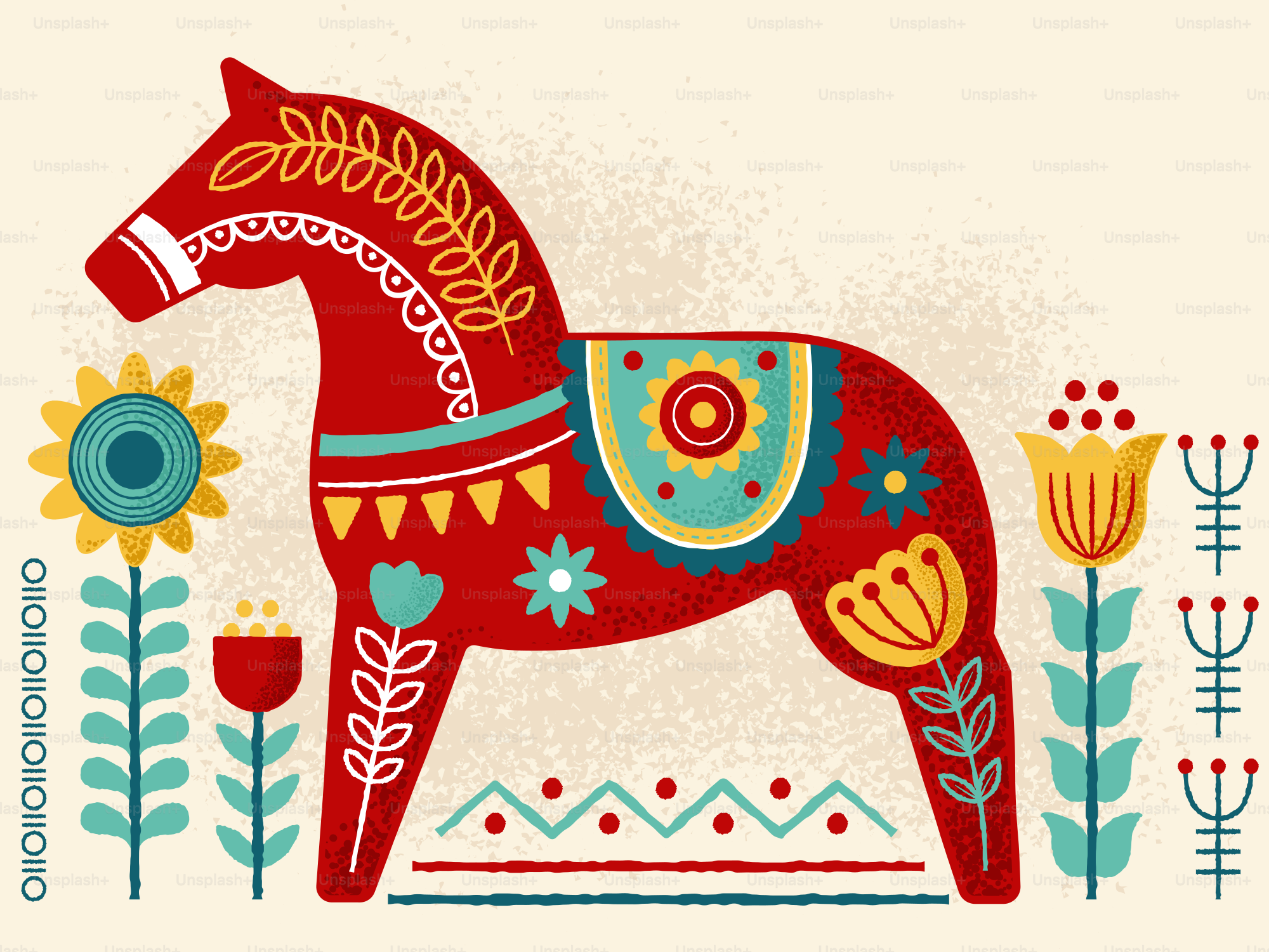 Un cheval dala rouge avec des fleurs d’art populaire