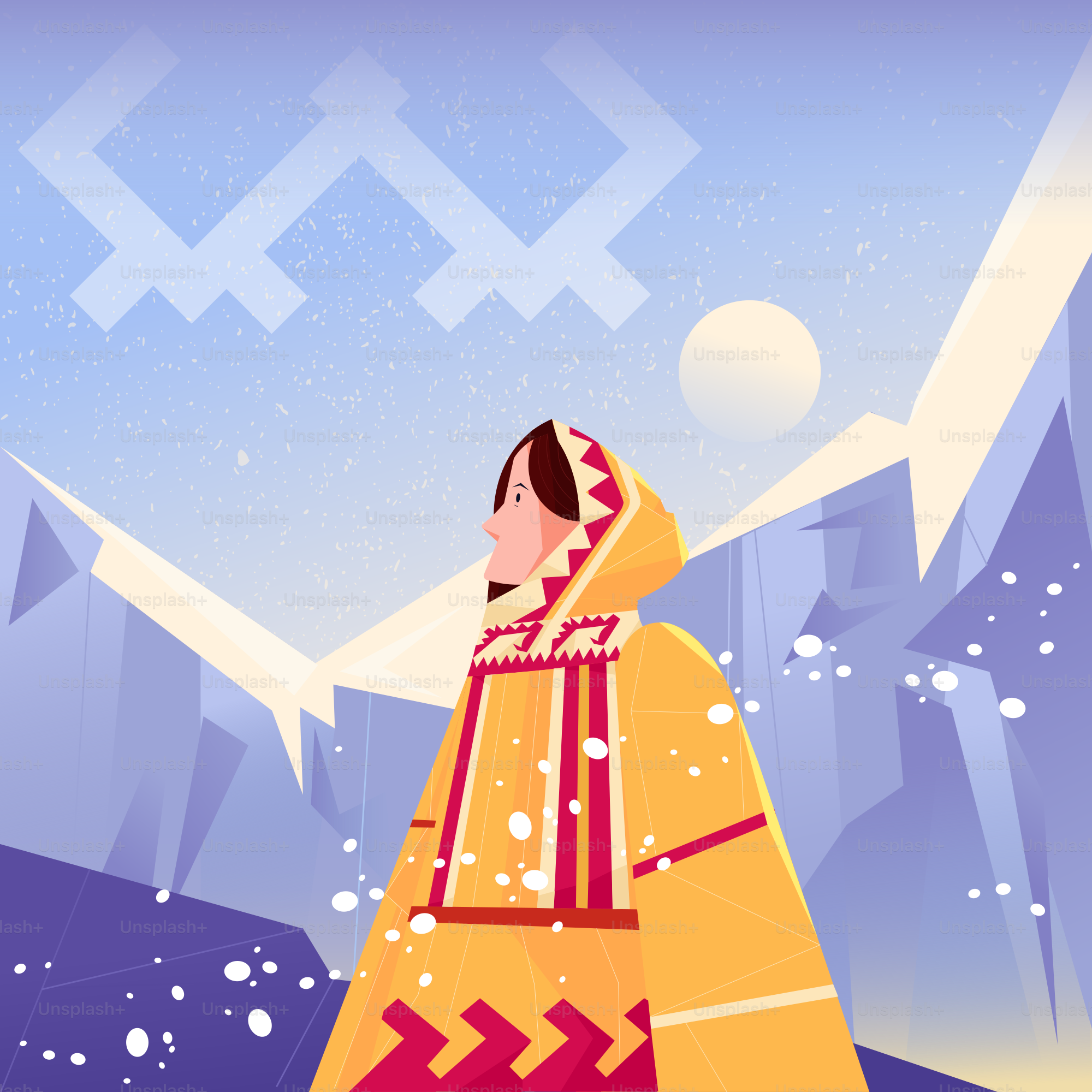 Woman in traditional clothing in a snowy landscape.