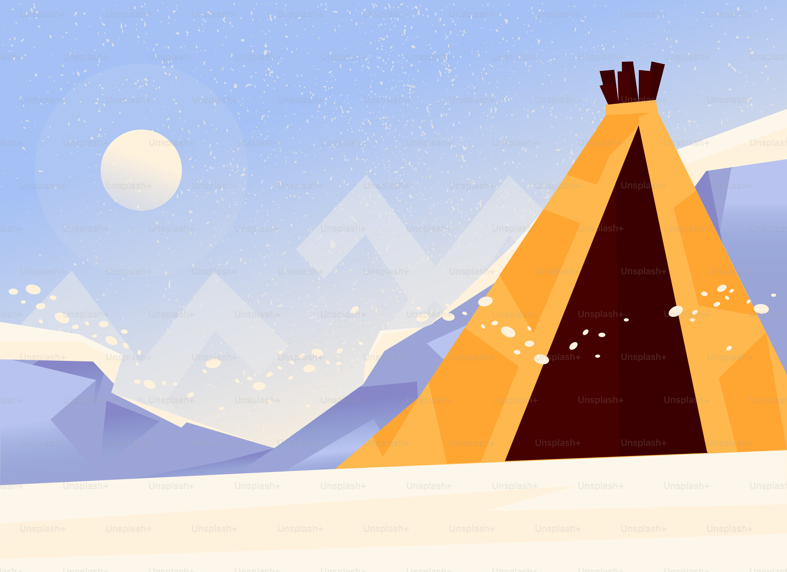 A teepee stands in a snowy, mountainous landscape.