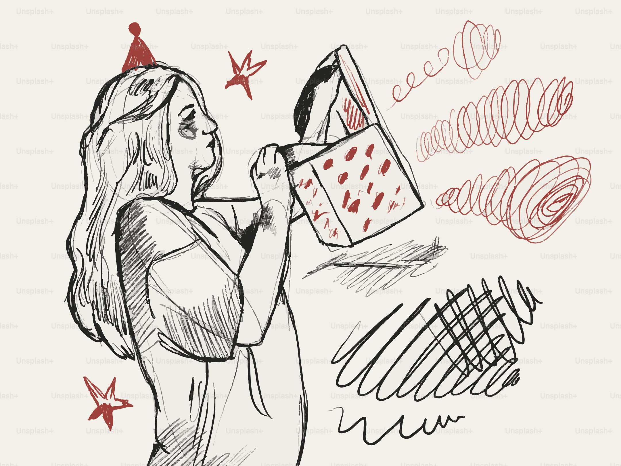 Girl in party hat opens gift box with red dots.