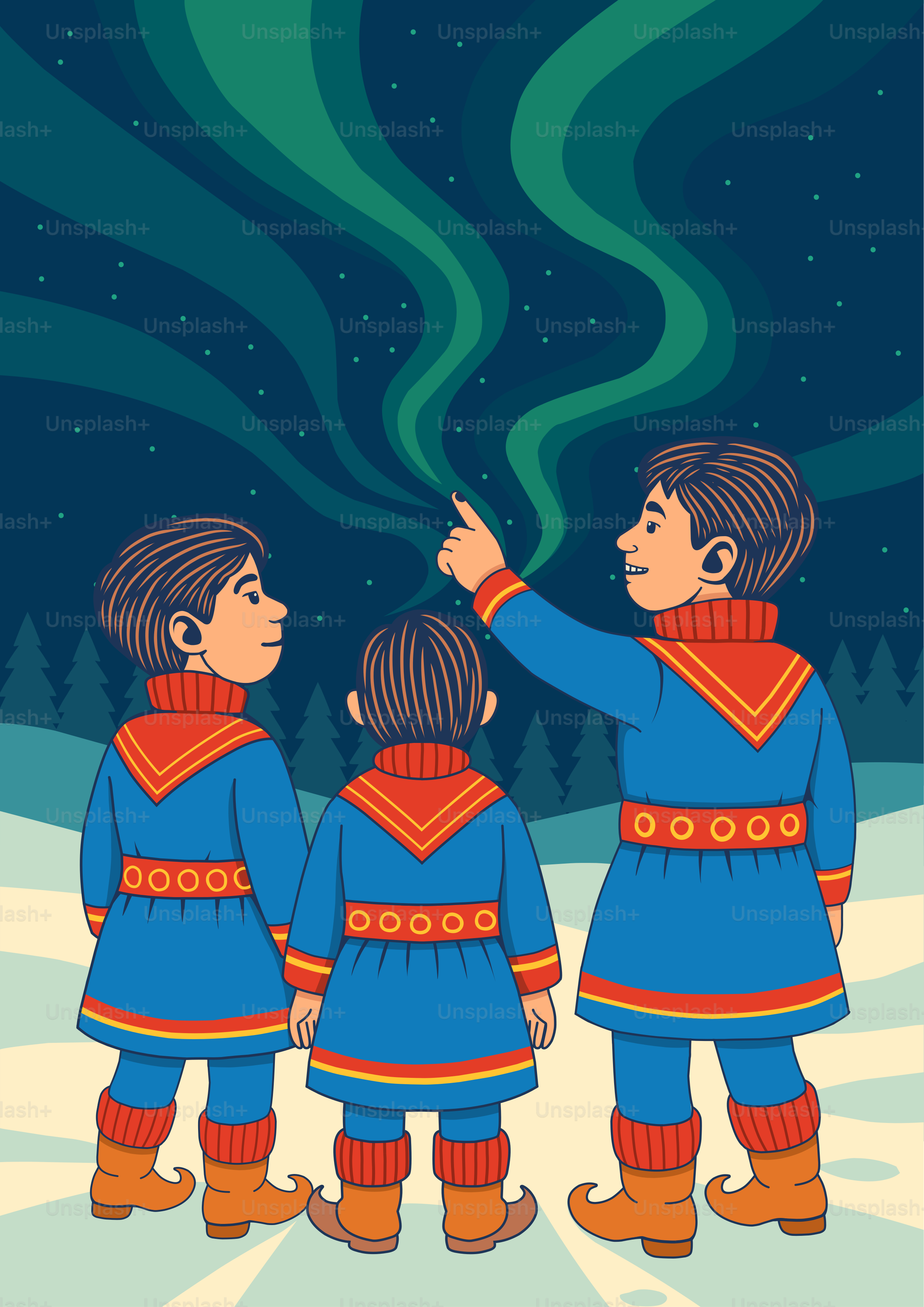 Three children watching the aurora borealis in the night sky.