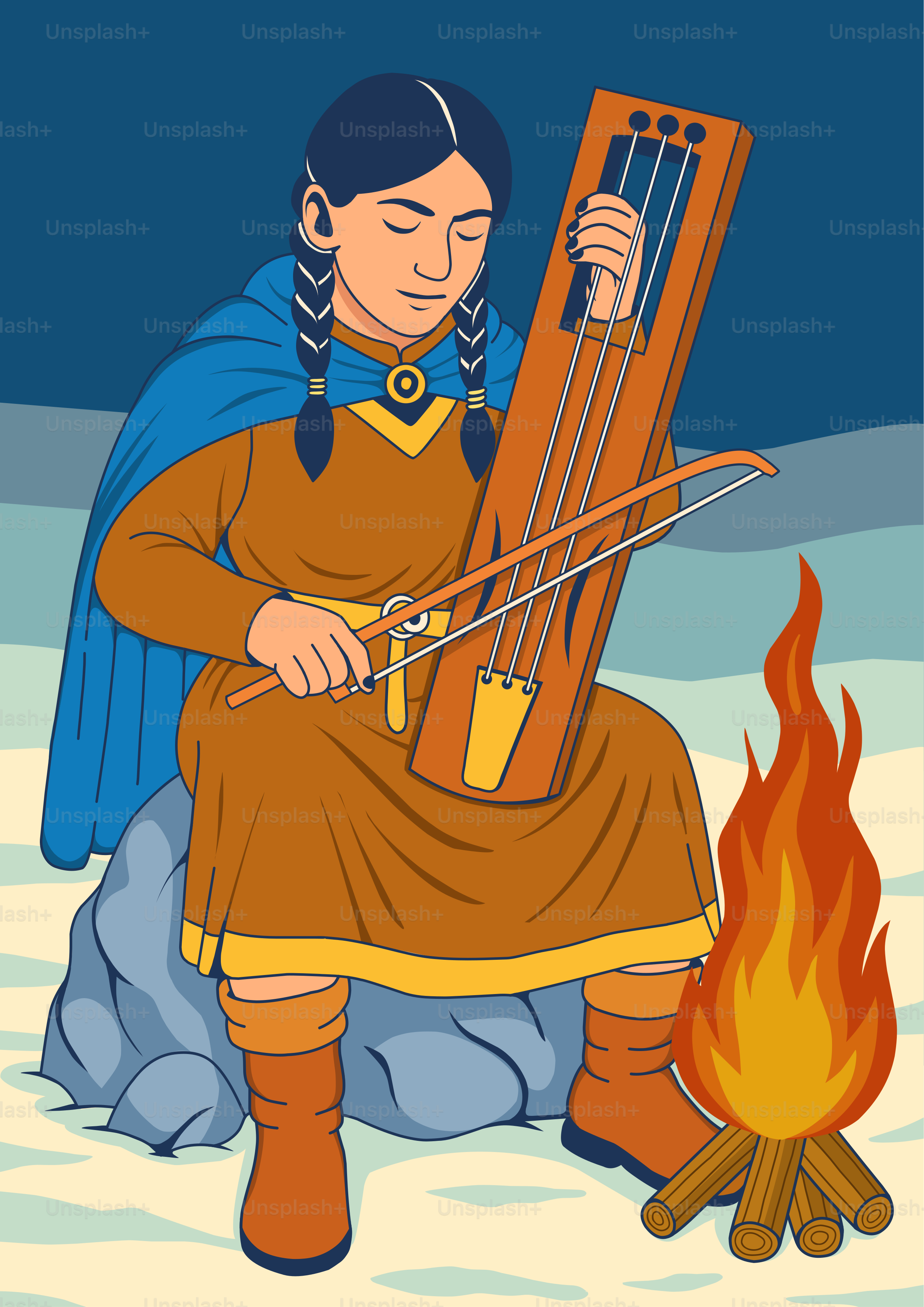 Person playing a lyre by a campfire