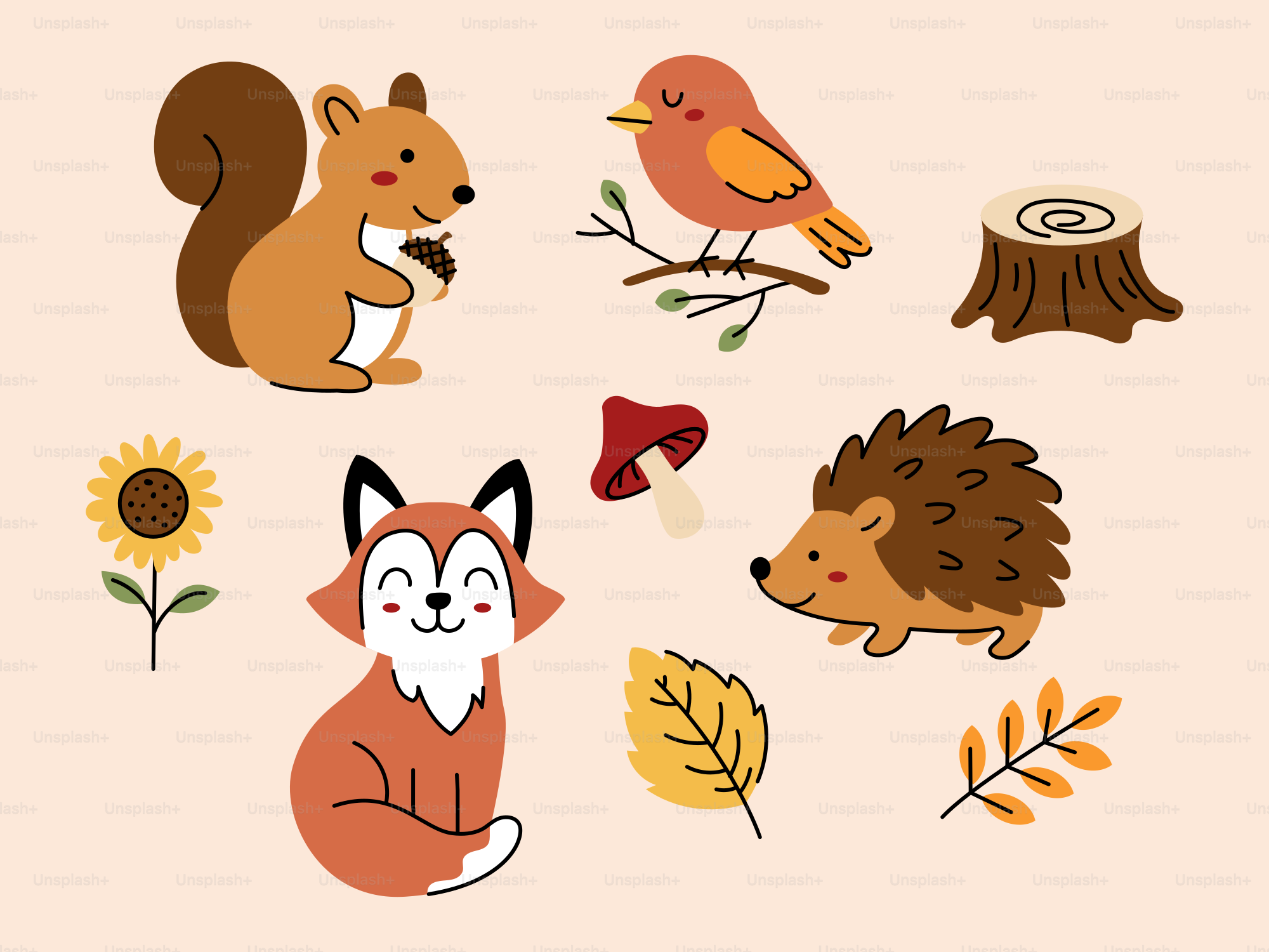 Cute forest animals and autumn elements on a light background.