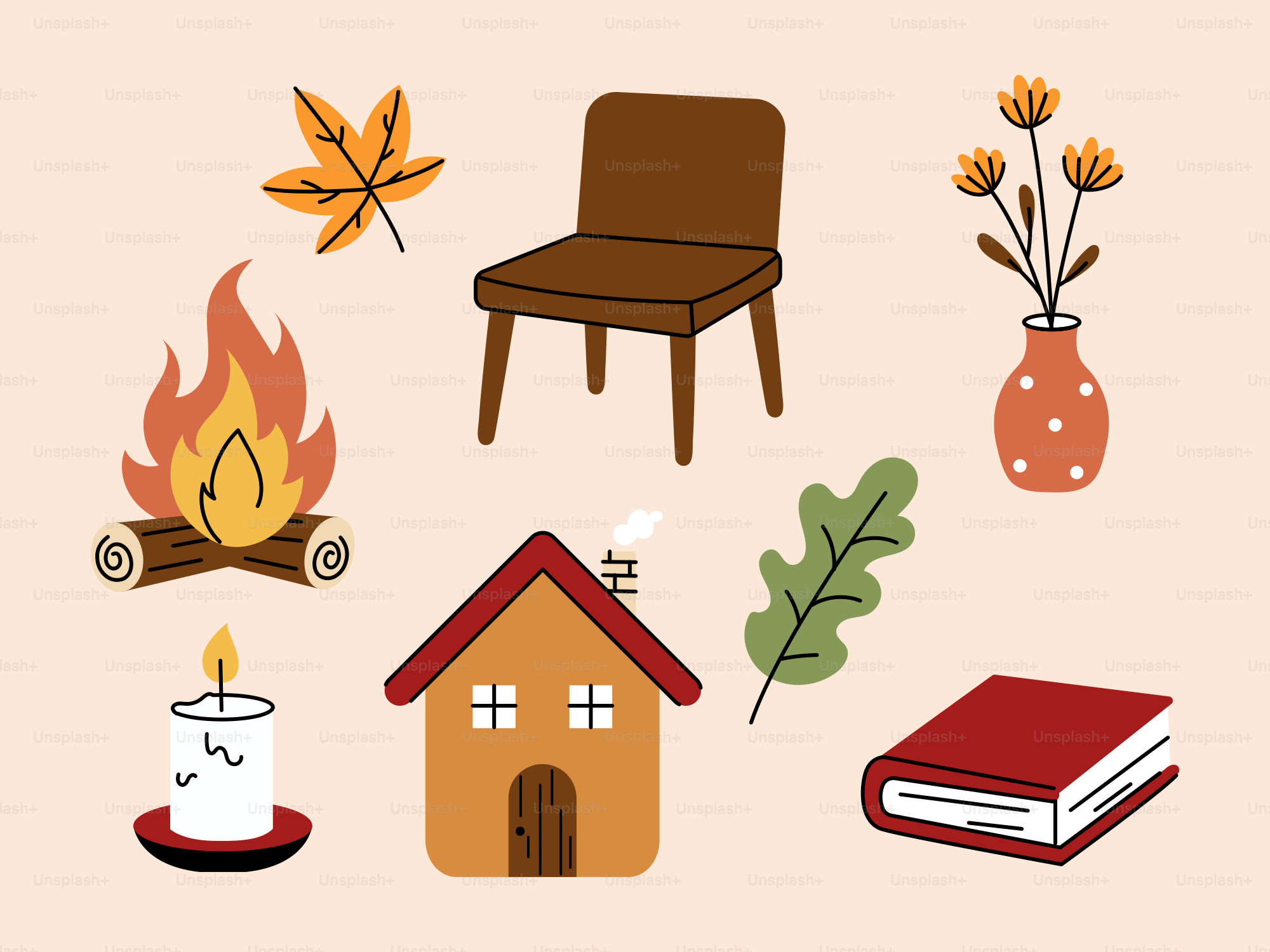 Cozy autumn elements including a house, fire, and leaves.
