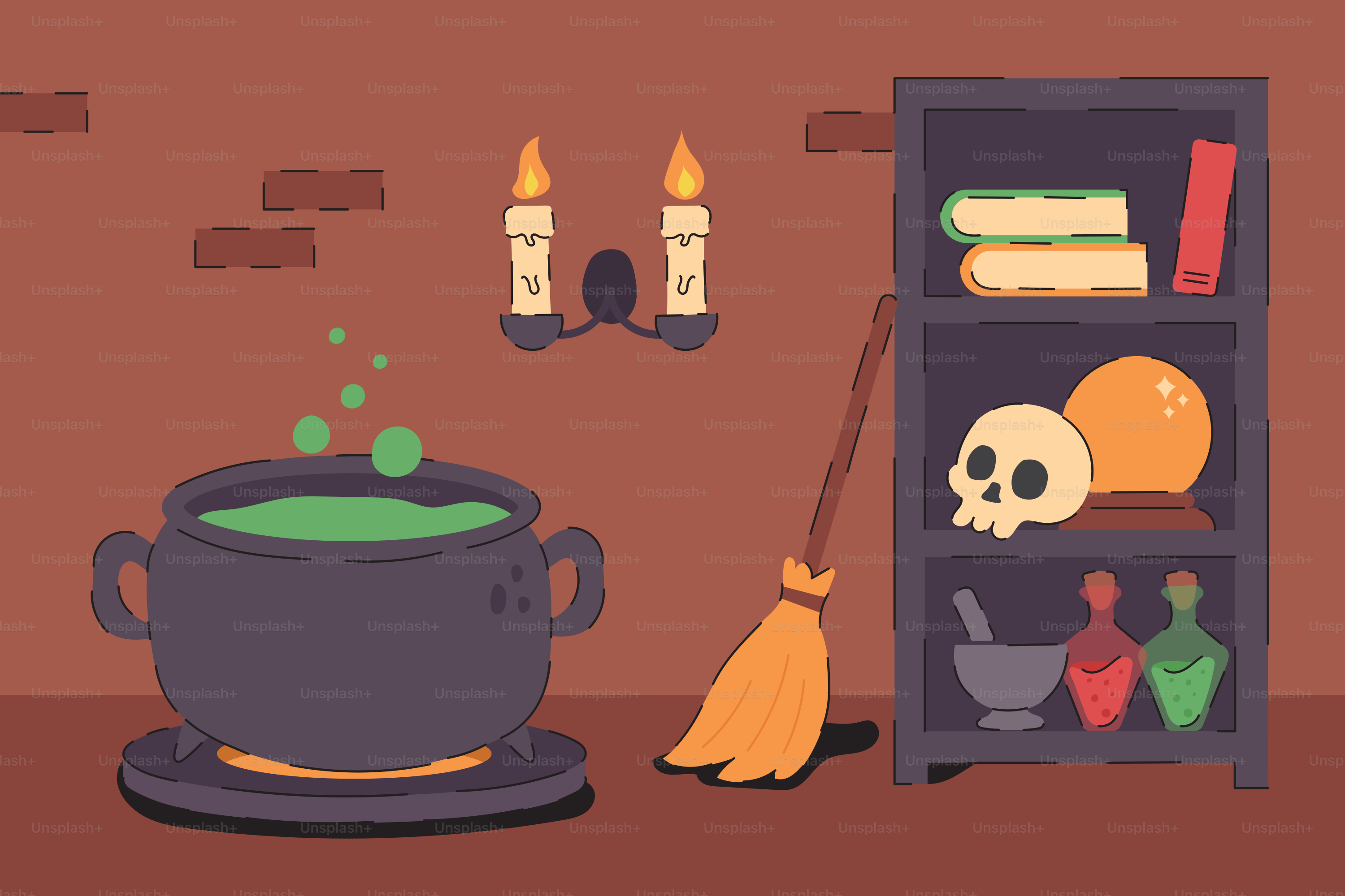 Witch's cauldron, broom, and potions on shelf. vector – Dark Image on  Unsplash, image size:3000x2000