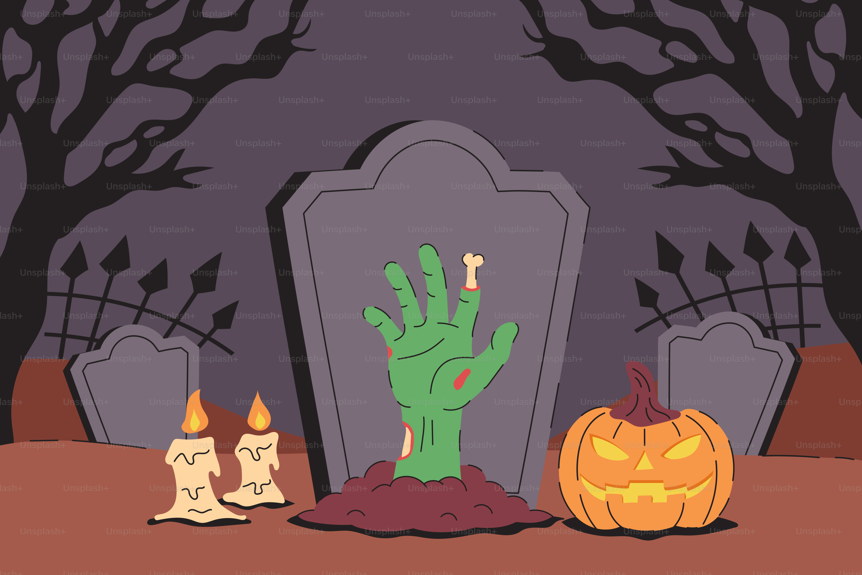 Mano di zombie che emerge dalla tomba con zucca e candele