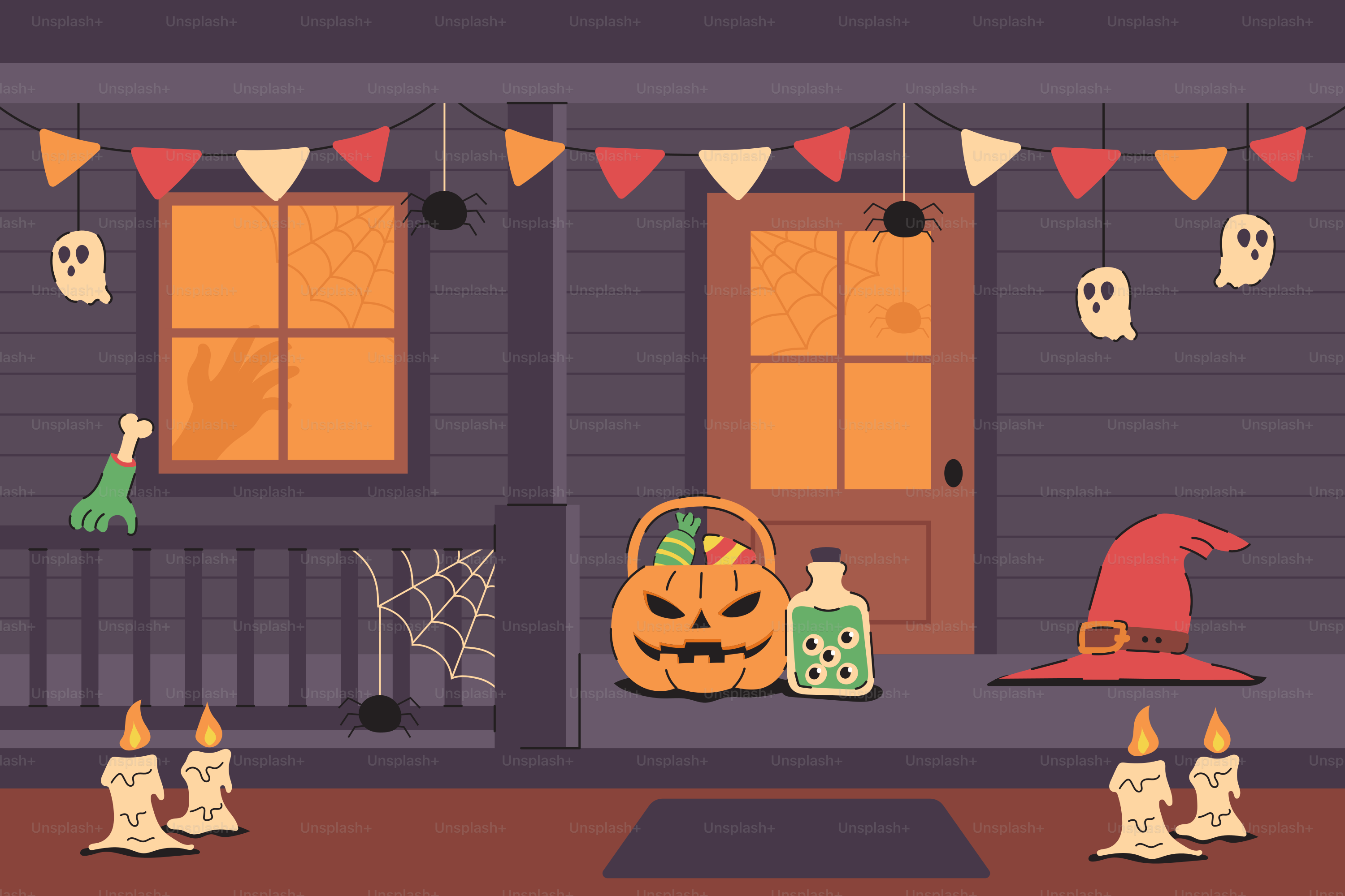 Halloween decorations on a porch with pumpkins and ghosts