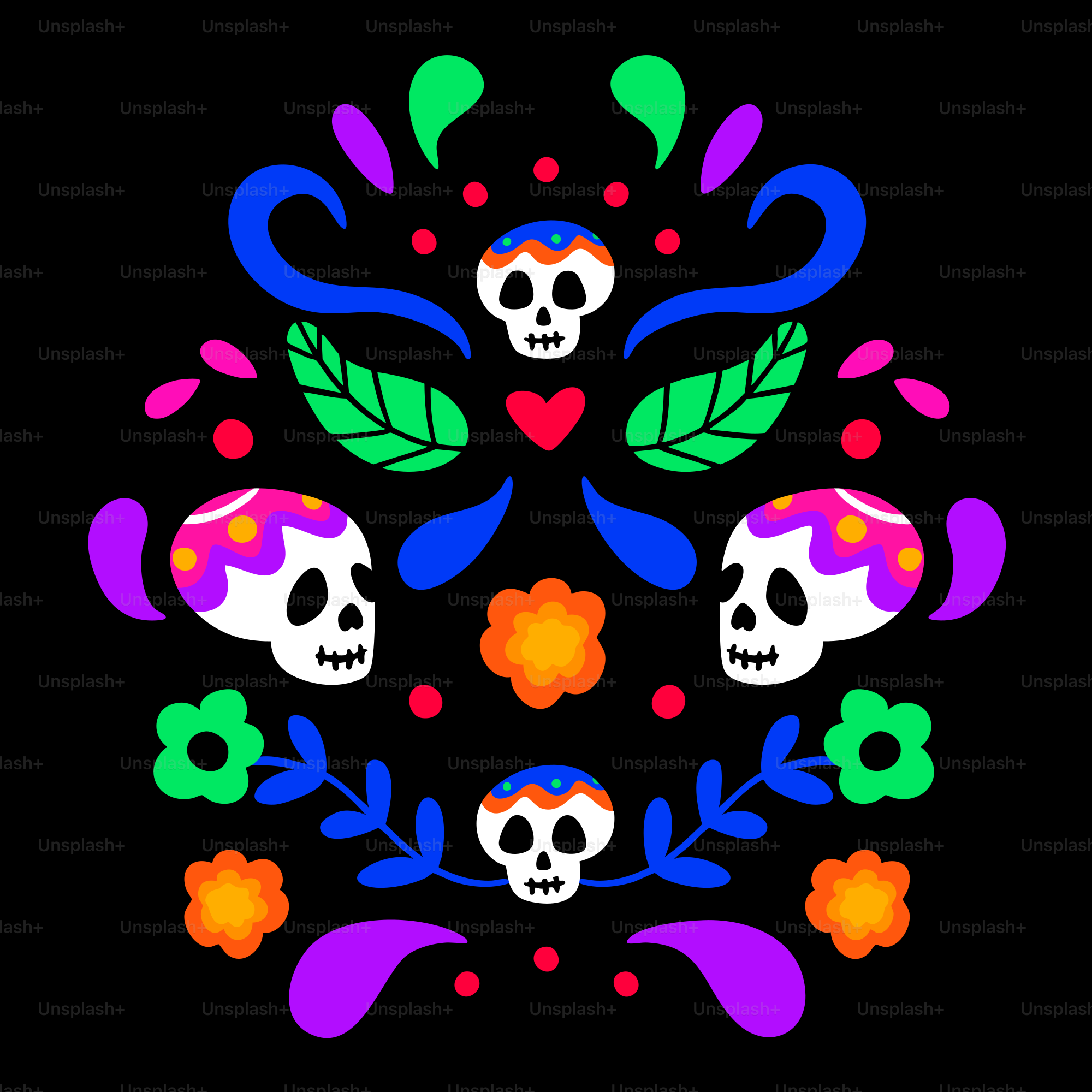 Colorful day of the dead skulls and floral design