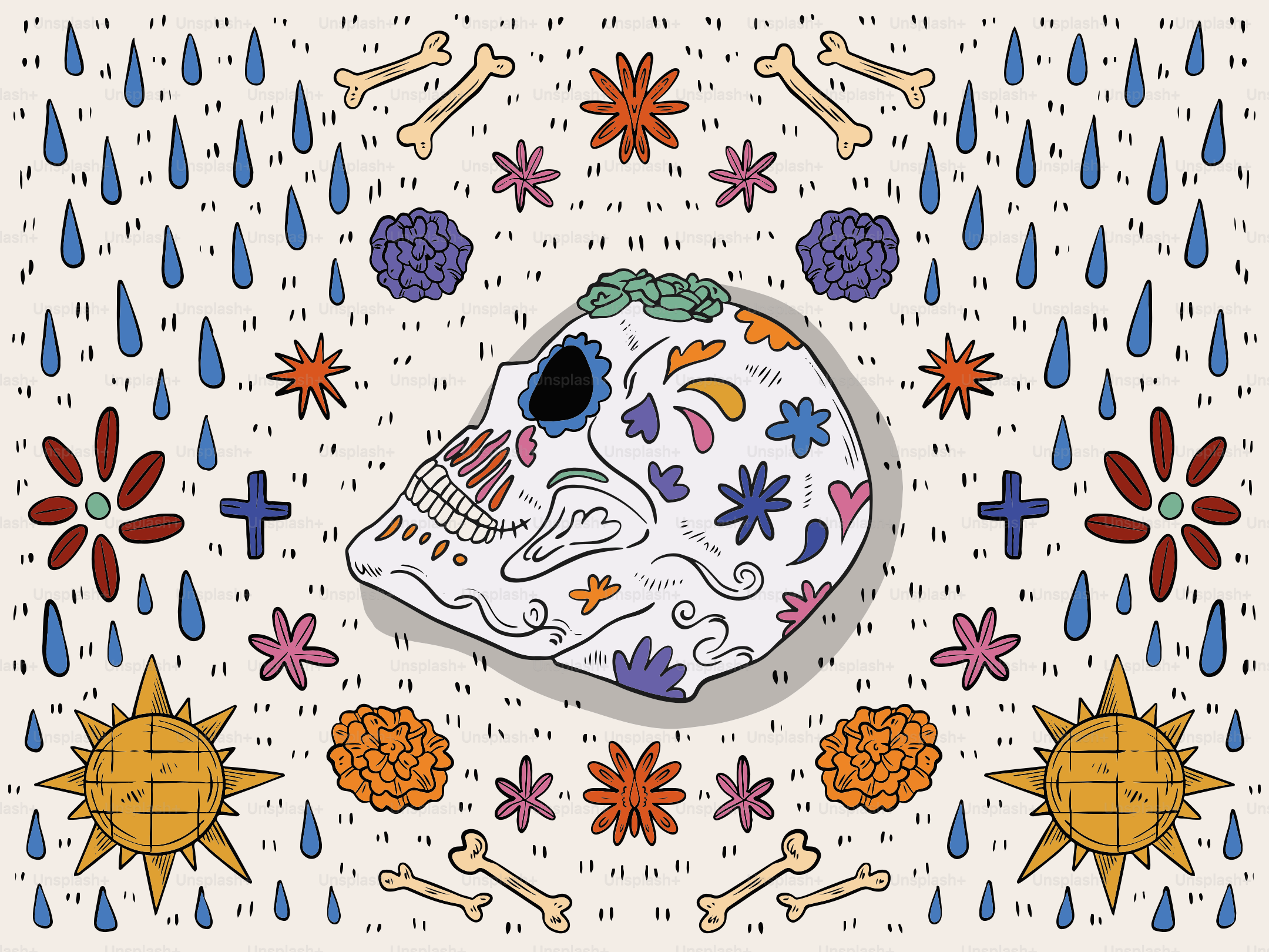 Decorated sugar skull surrounded by festive day of the dead symbols.