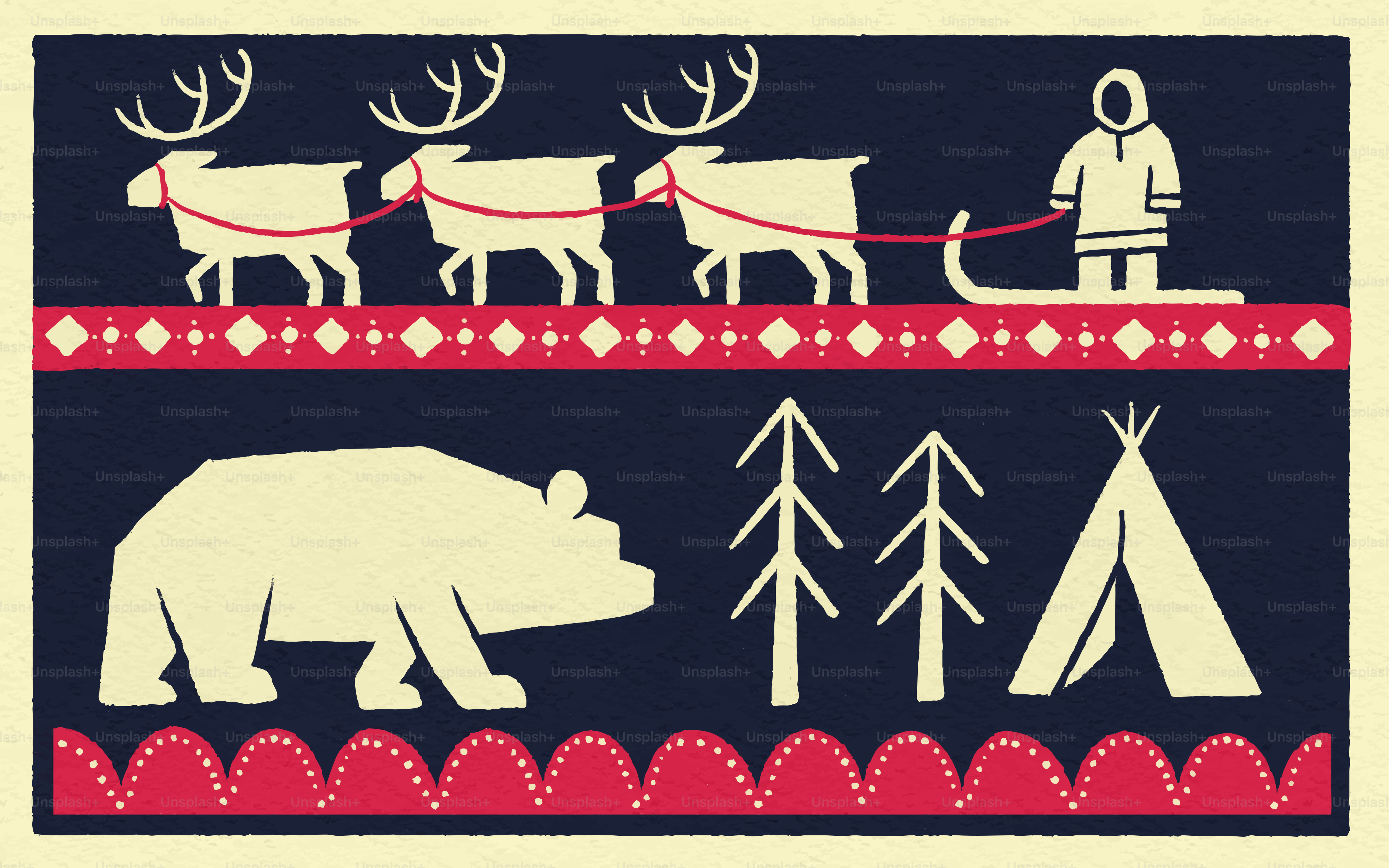 Arctic scene with reindeer, bear, and tent
