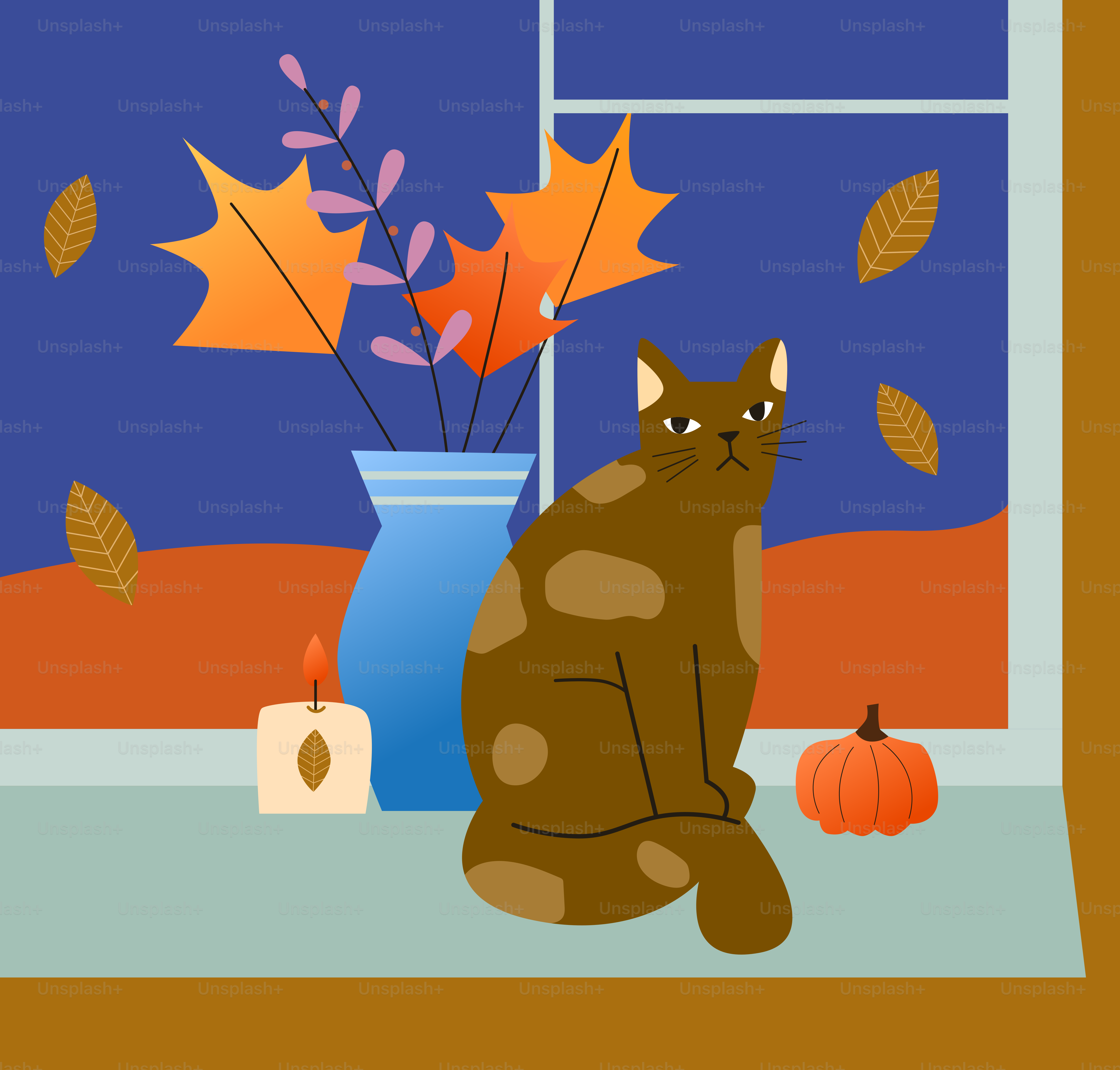 A brown cat sits by a window with autumn decorations.