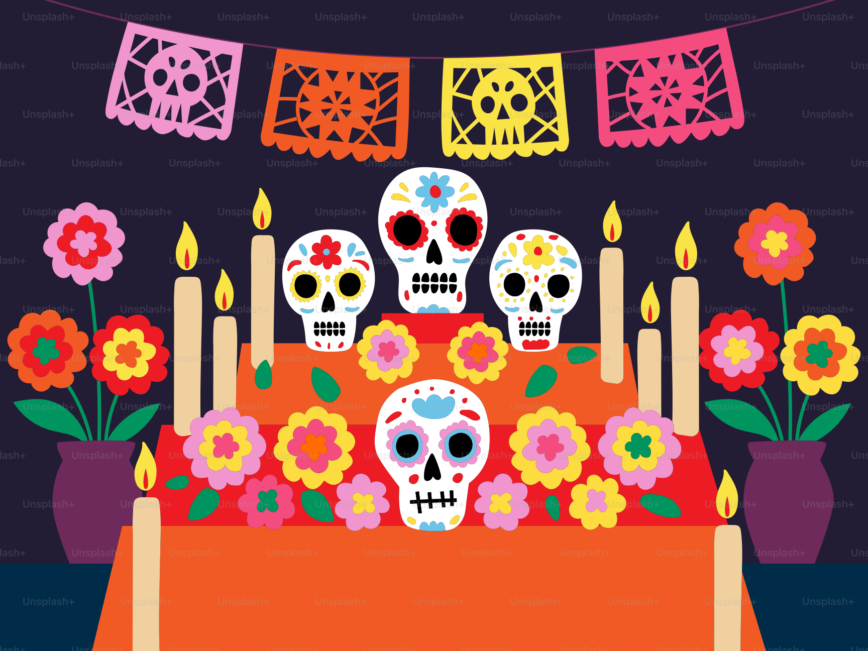 Day of the dead altar with skulls and flowers