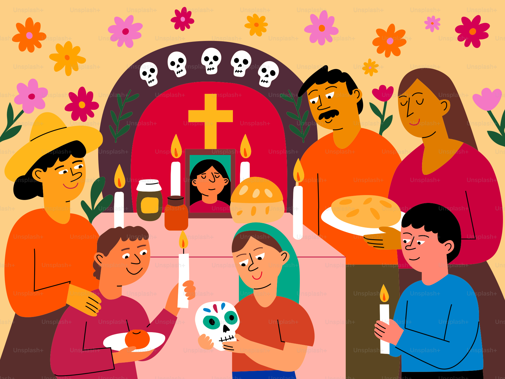 Family celebrates day of the dead with altar.