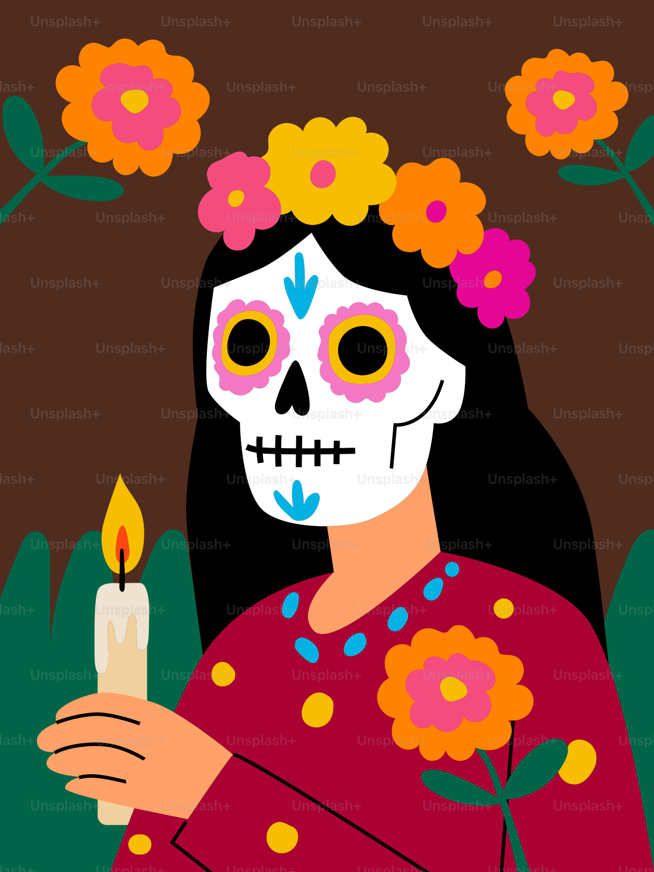 Woman in day of the dead makeup holding a candle