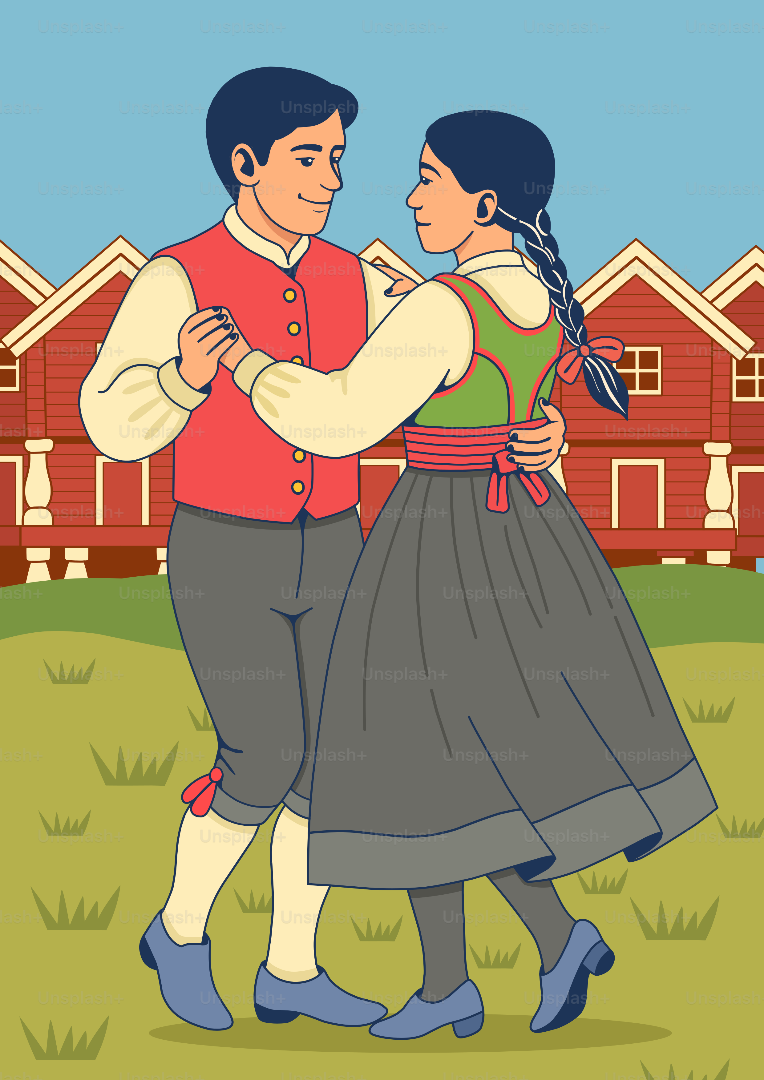 Couple dancing in traditional folk costumes outdoors.