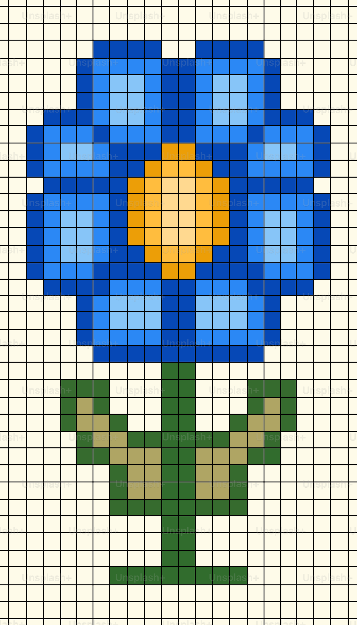 Pixel art blue flower with yellow center and green stem.