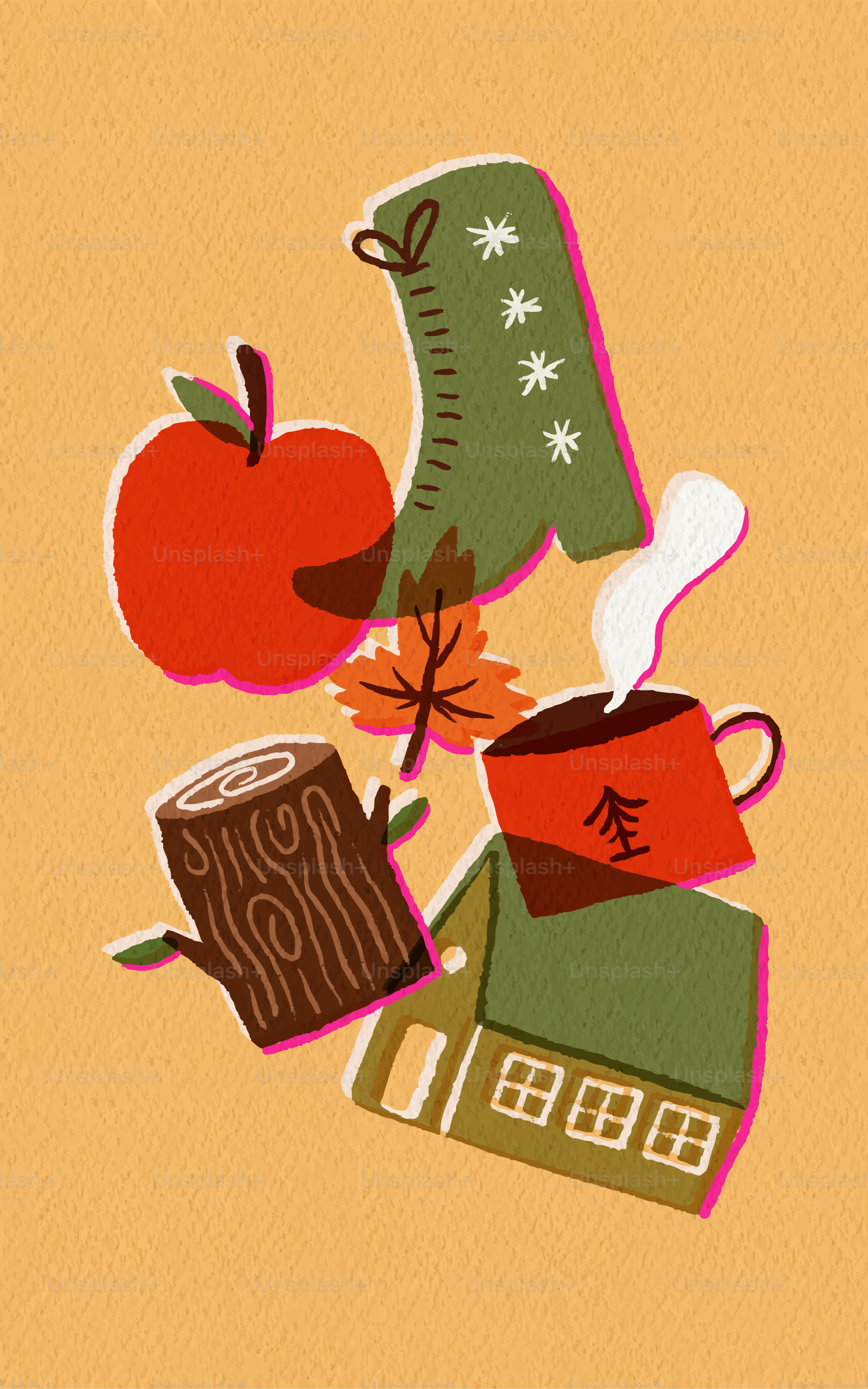 Elementos otoñales: manzana, bota, bebida caliente y casa