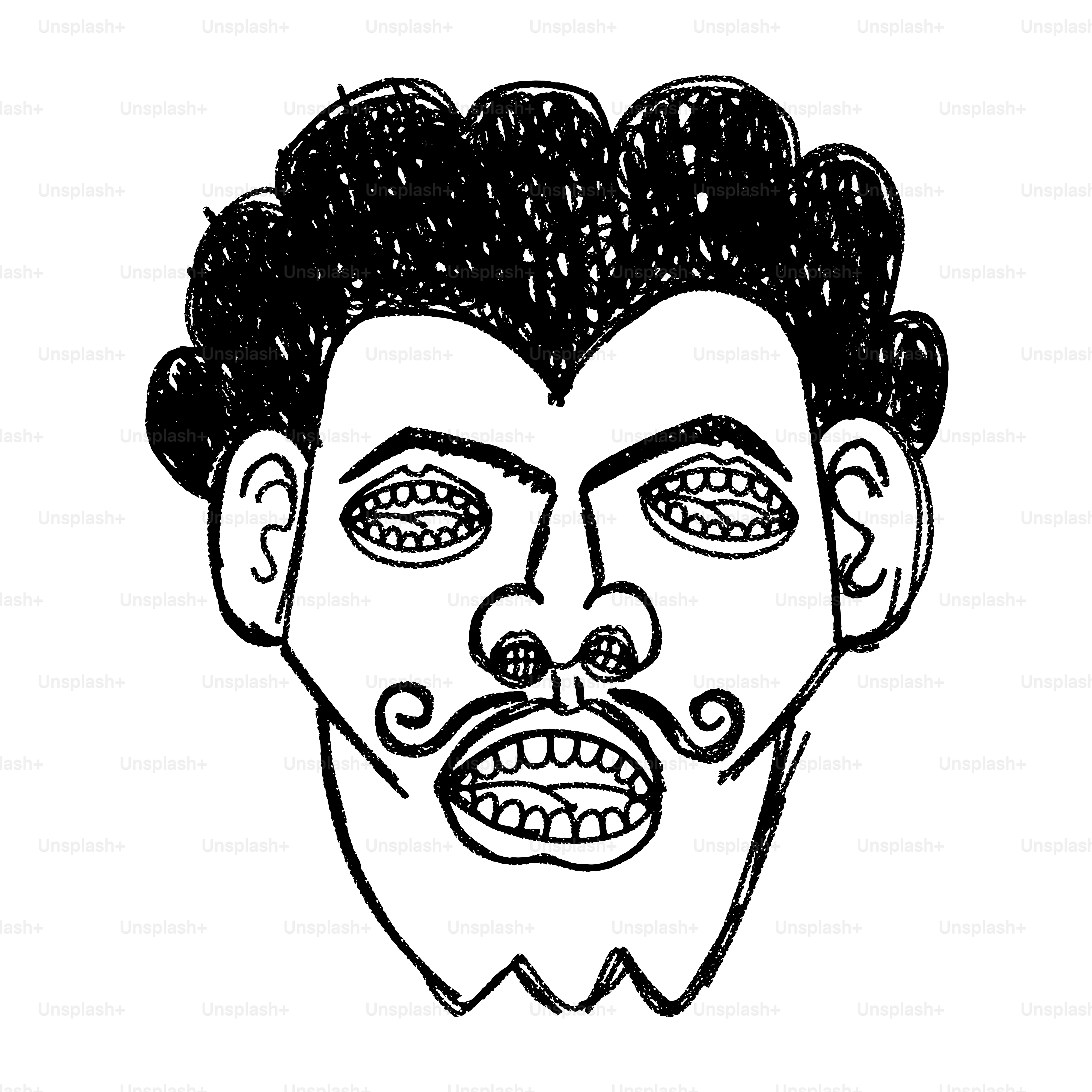 Eine stilisierte Zeichnung eines Mannesgesichts mit lockigem Haar.