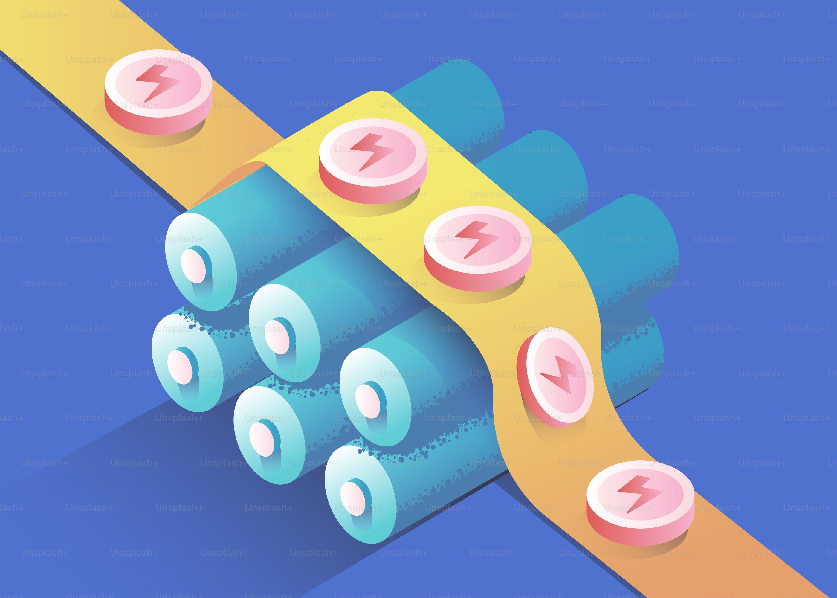 Baterías en una cinta transportadora con símbolos de energía