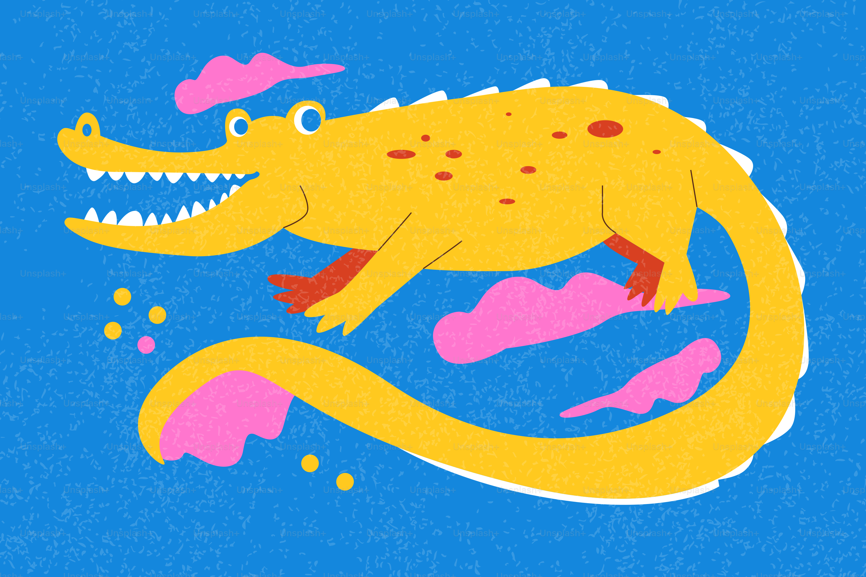 A cartoon yellow alligator with pink clouds and dots
