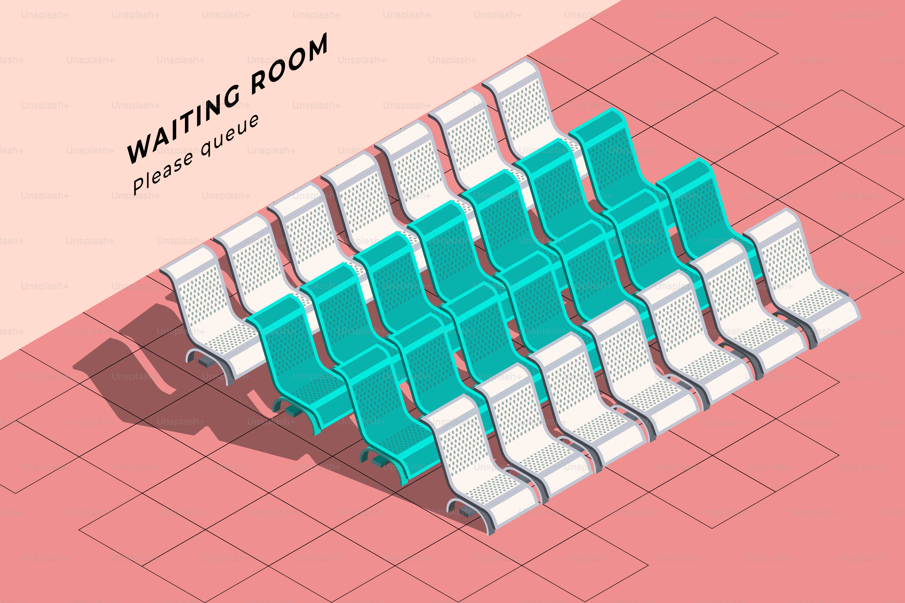 Waiting room with rows of empty chairs