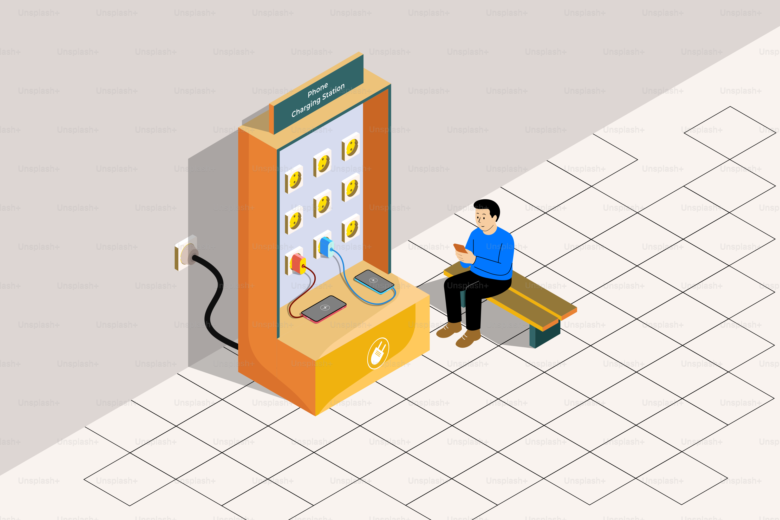 Un homme charge son téléphone à une station de recharge publique