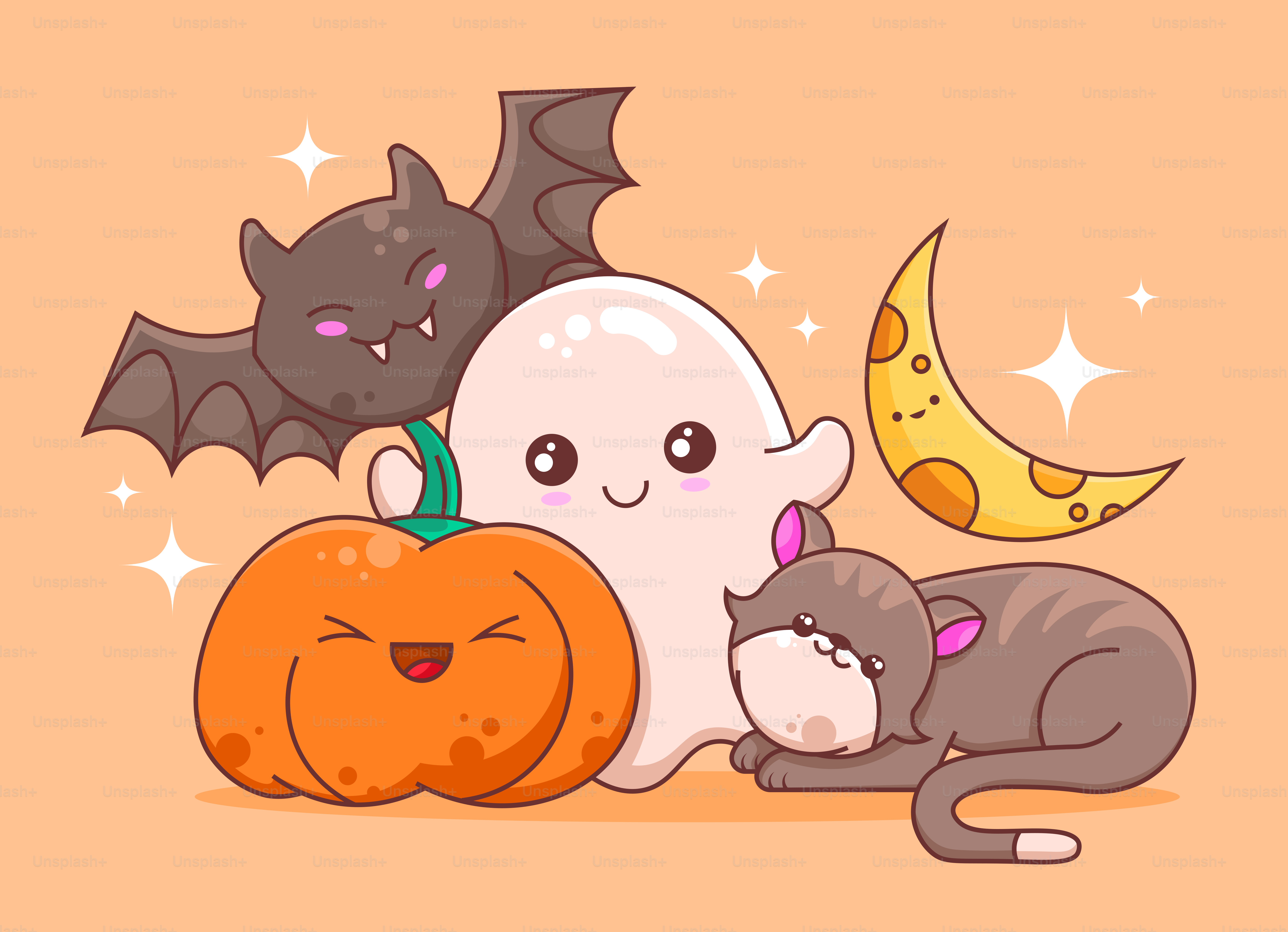Cute halloween characters with pumpkin, ghost, bat, and cat.