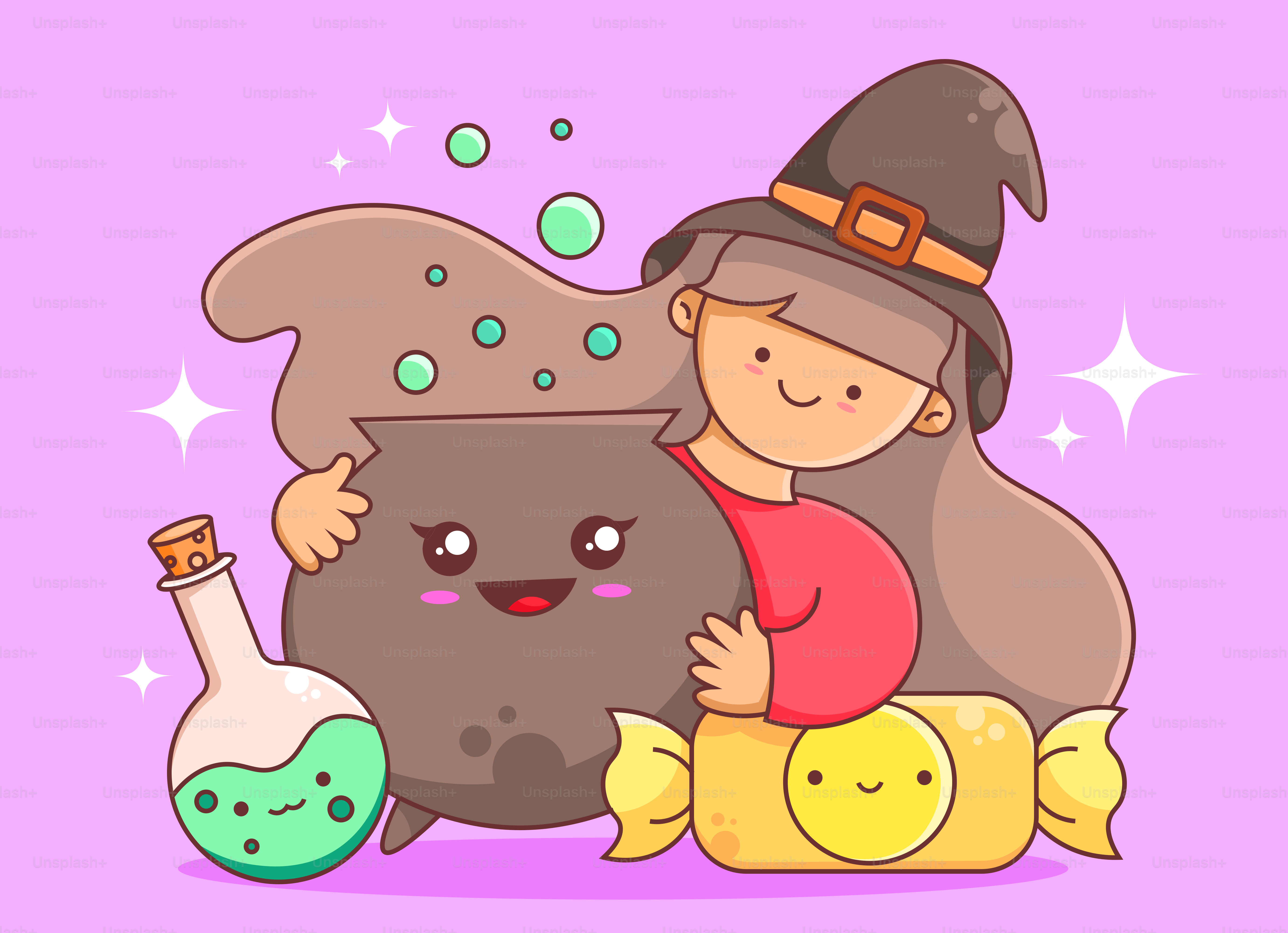 Cute witch with cauldron, potion, and candy