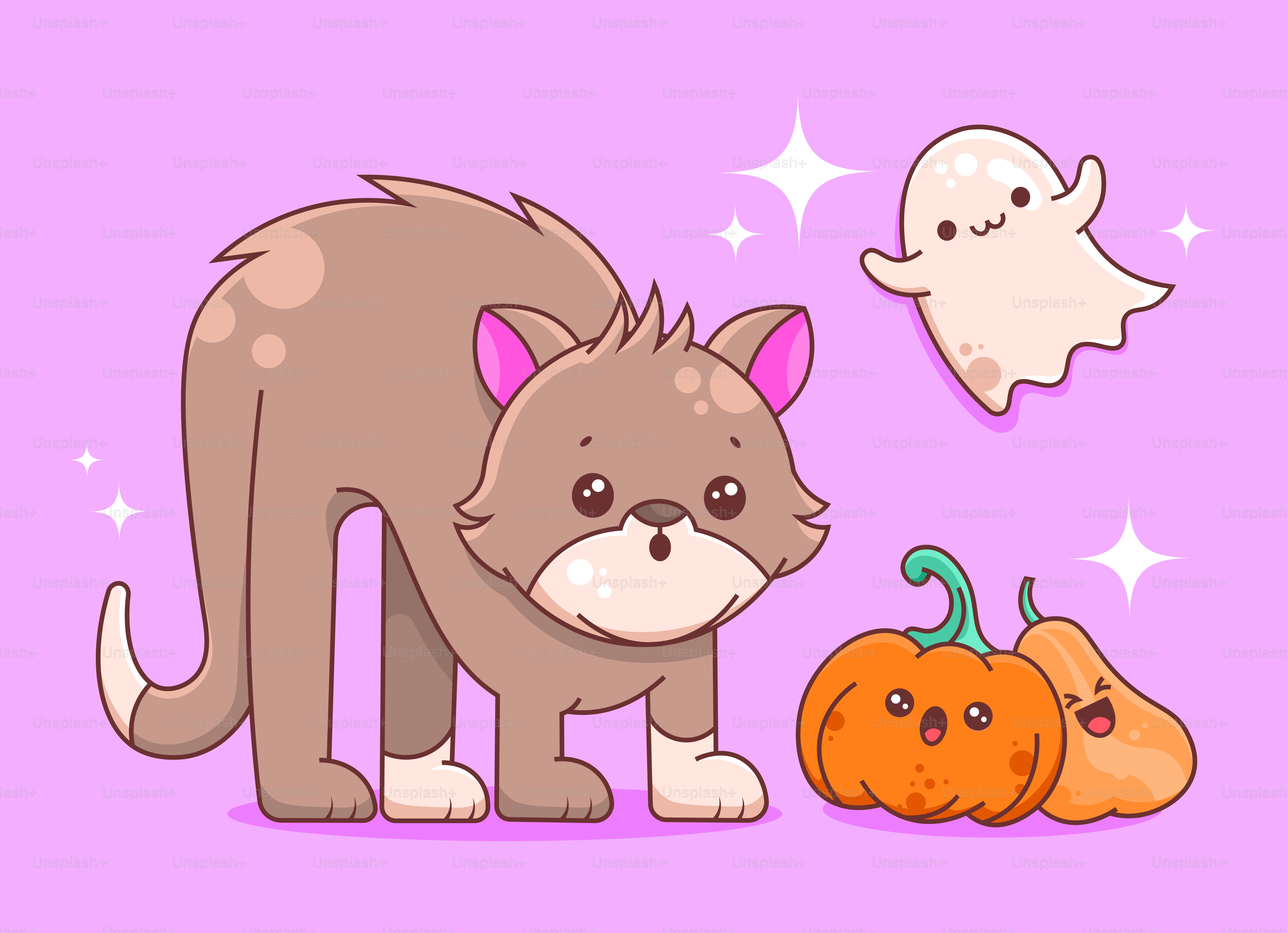 Cute cat with pumpkins and ghost for halloween