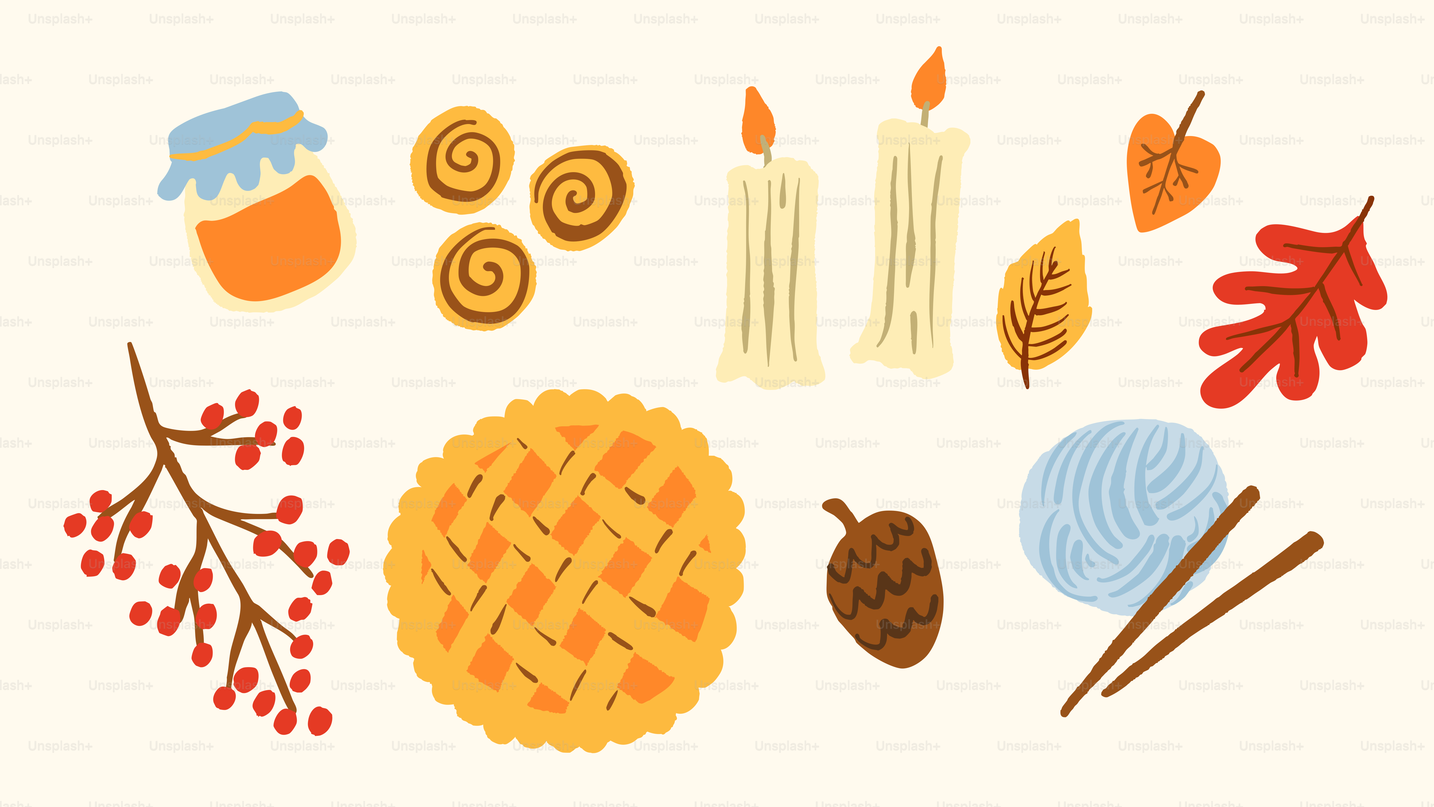 Autumnal elements including pie, candles, and leaves.