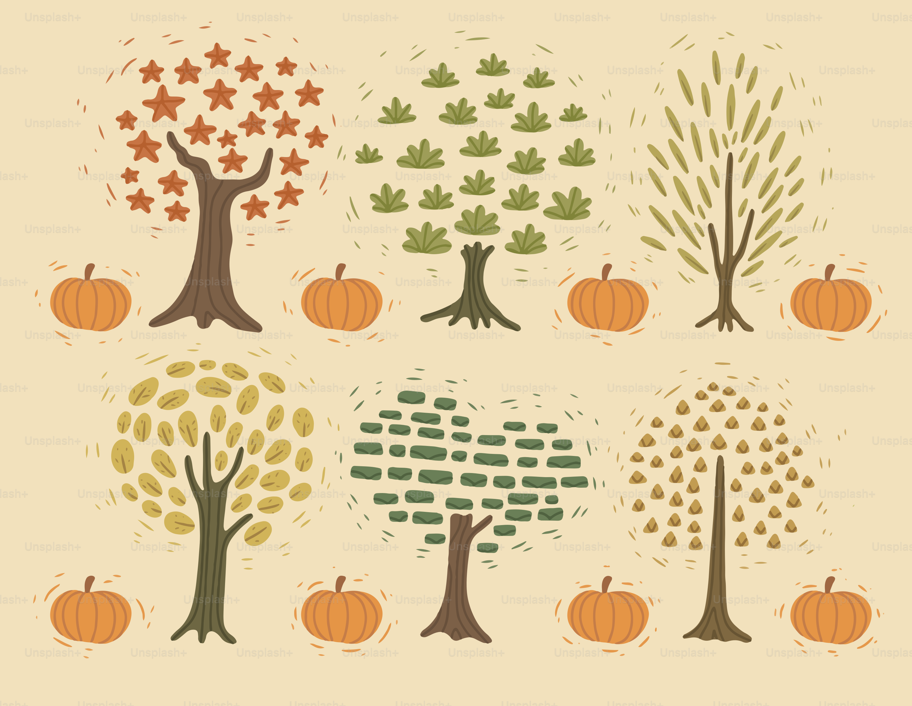 Des arbres stylisés et des citrouilles sur fond beige. vectoriel – Image de  Automne sur Unsplash, image size:3000x2323