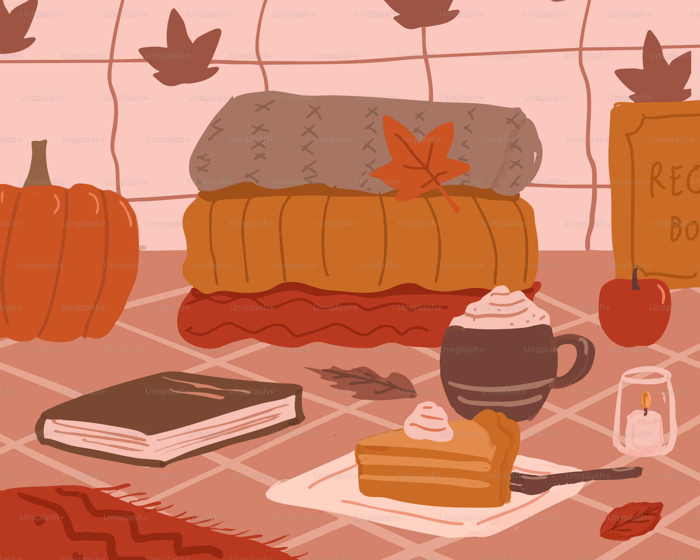 Cozy autumn scene with pumpkin pie and hot drink.