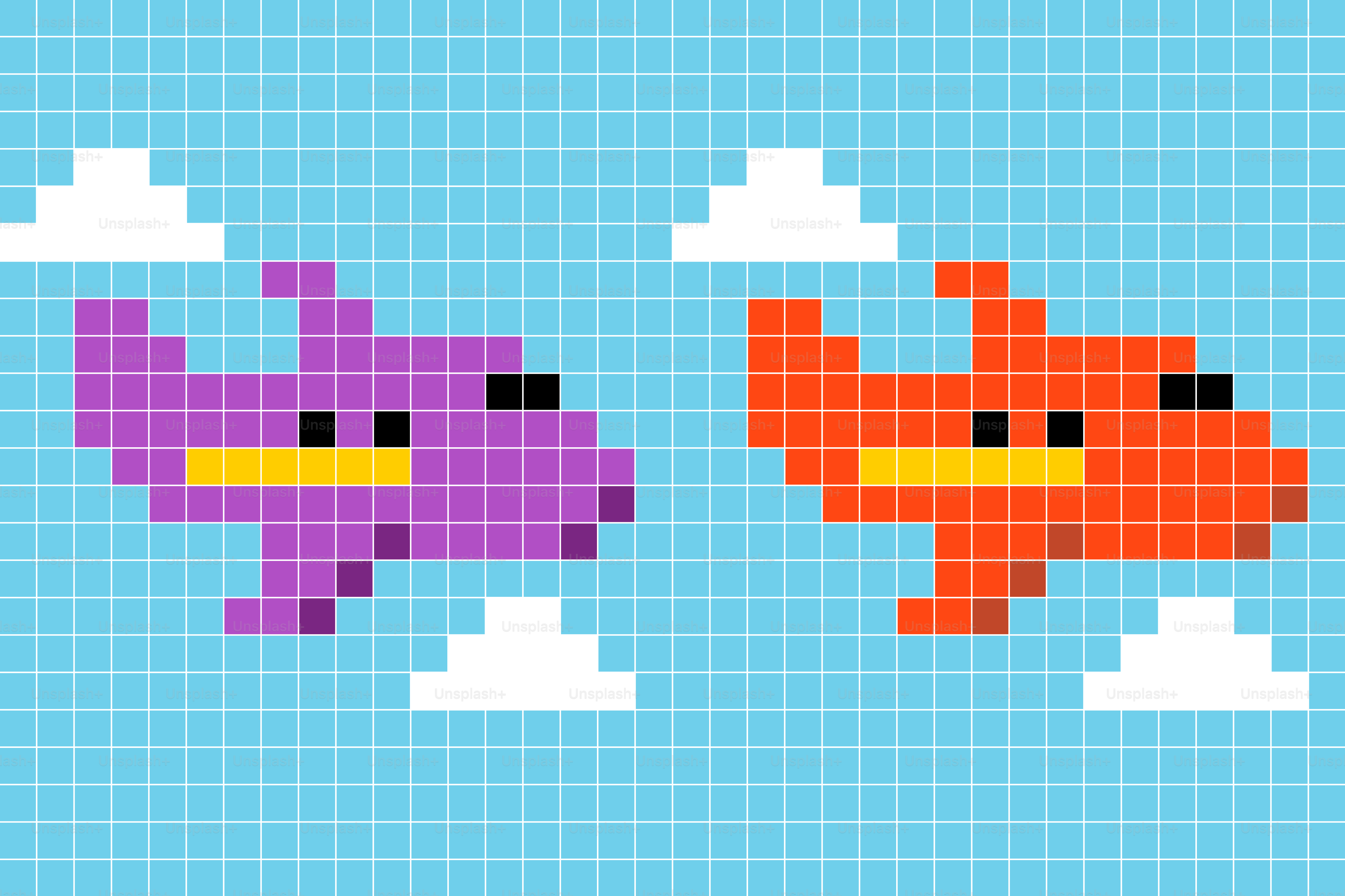 Two pixelated airplanes flying in the sky