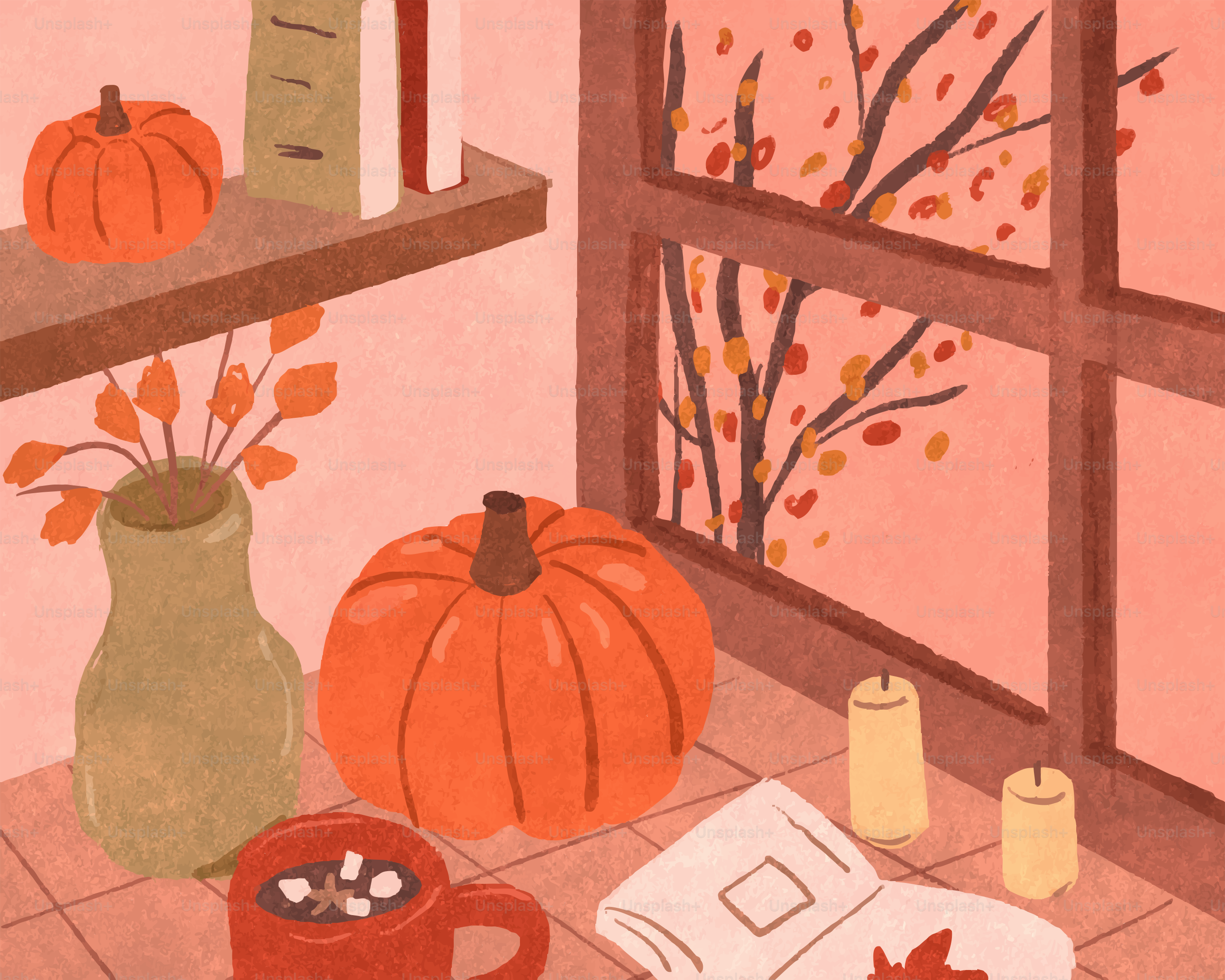 Ambiente otoñal acogedor con calabazas y chocolate caliente