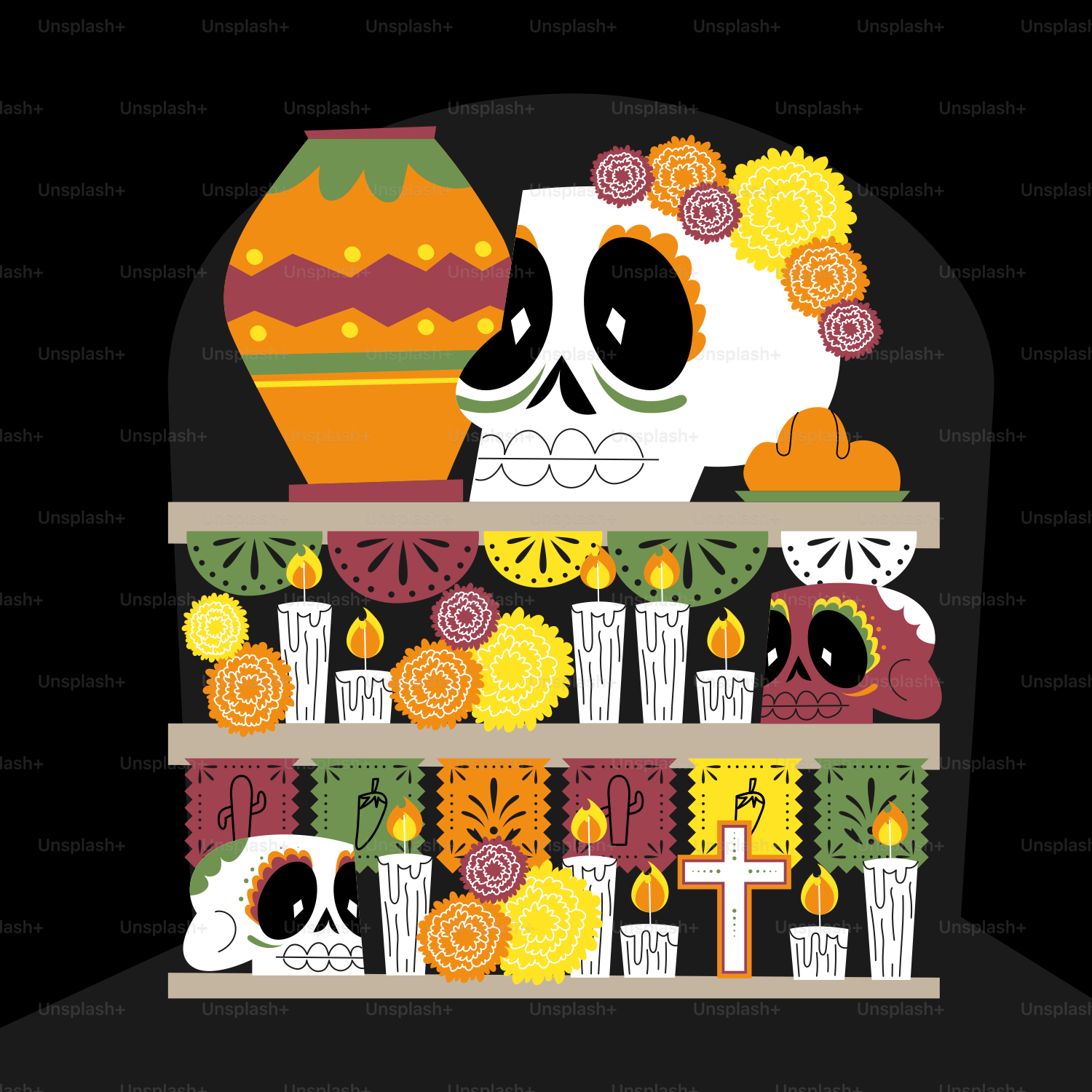 Day of the dead altar with skulls and marigolds
