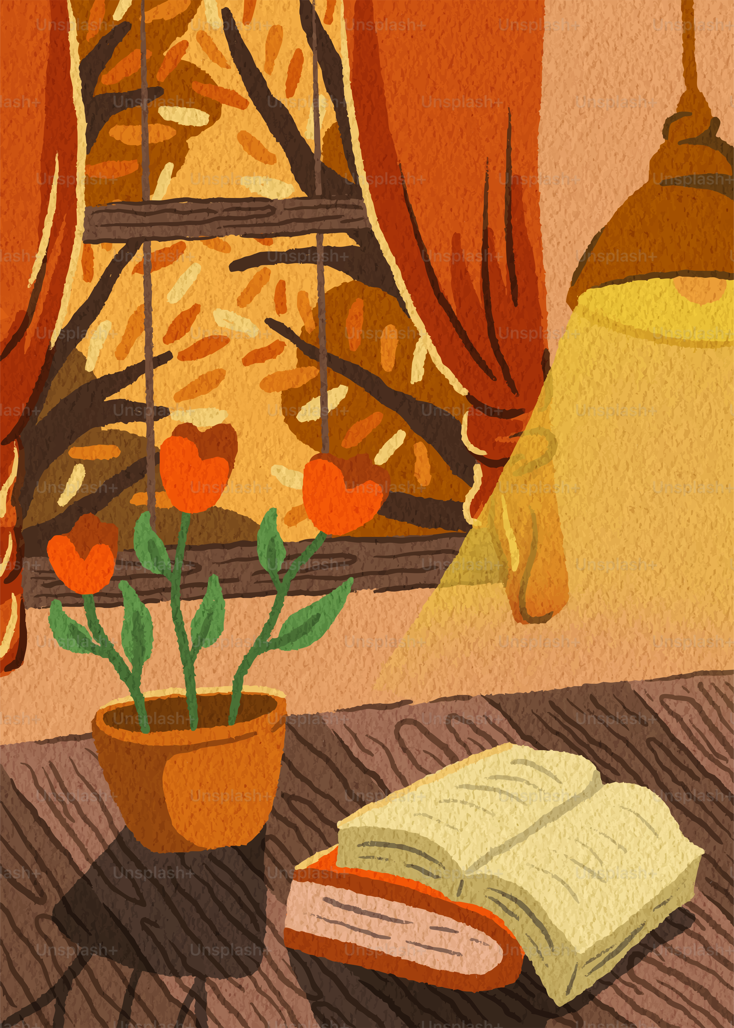 Acogedor escena otoñal con libros y plantas junto a la ventana.